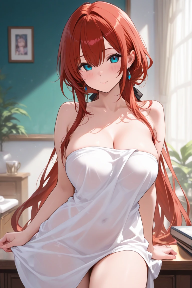 (Enrich the picture,Masterpiece level quality)Beautiful 8K CG artwork,Goddess-like posture,sittinng on the river,Postural exercises,Slim and soft,Translucent skin,Red hair、The beauty of extra-long hair, Super Long Straight Hair,The skin is fair and juicy,Underwear uniforms,Perspective Part 1.2x enhanced silhouette effect,Exquisite transparent blues pattern in pajamas,The details are intricate and exquisite,The background is slightly blurred,Charming and lustful leg seduction,Drool,J Cup Super Big Breasts,Blush,Japan goddess,Perfect body slim curves,Scene by the sea,