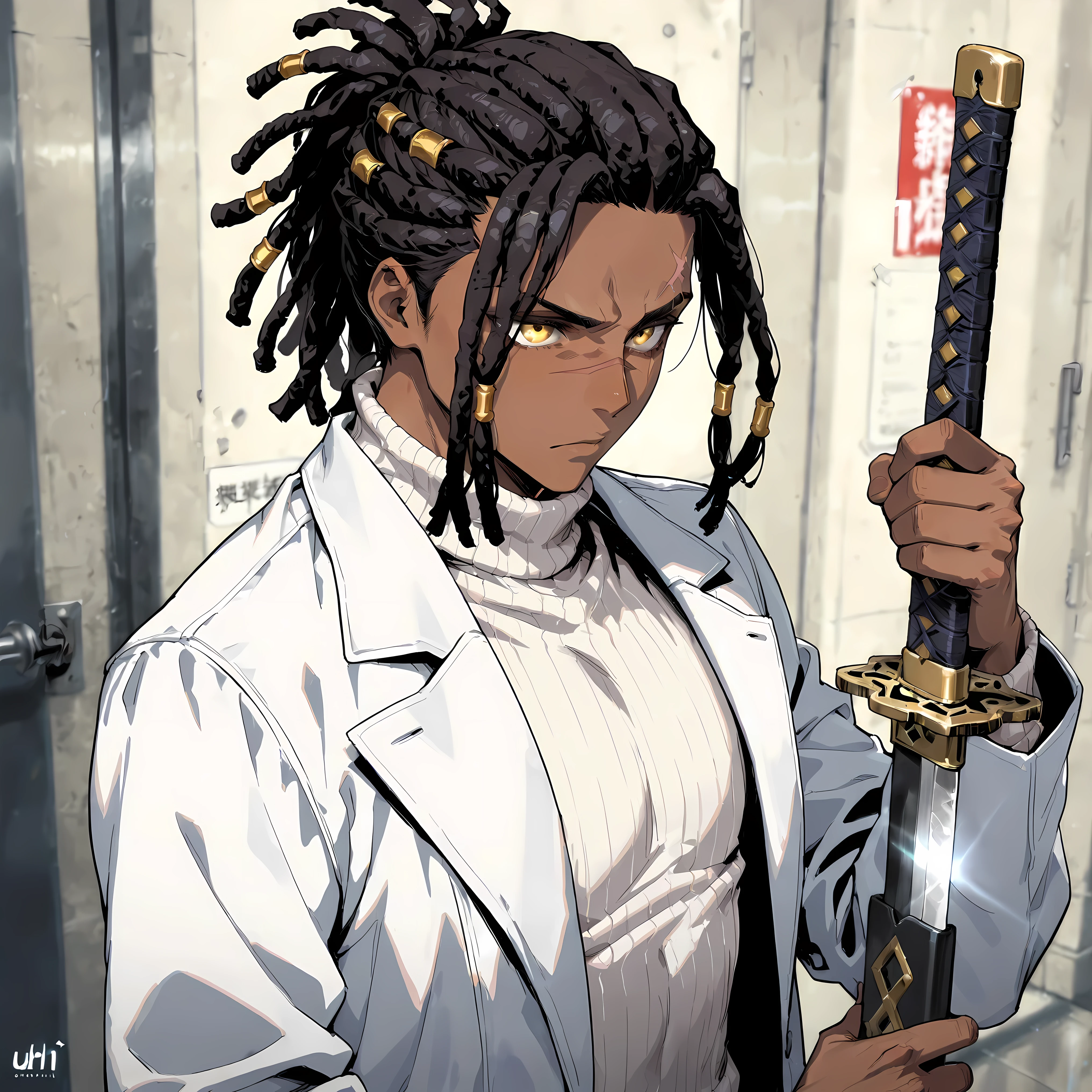 masterpiece , best quality , UHD , 1male , solo , dark skin , short dreadlocks , middle parted hair , white turtleneck sweater and cream overcoat , serious expression , scar across nose , determined yellow eyes , government background , detailed background , holding single longsword katana