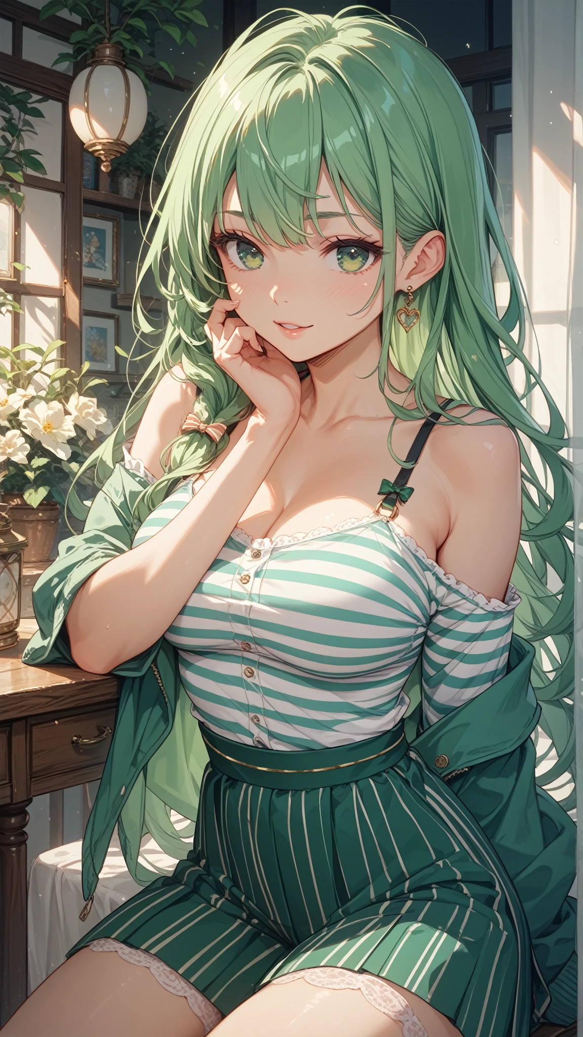 masterpiece, best quality, high quality, beautiful woman, 1 woman, (((green wavy medium hair: 1.2))), green hair, green eyes, ((wear round glasses)), medium breasts, shiny skin, light smile, cowboy shot,BREAK //Fashions Romantic Camellia-Inspired Dress This look revolves around a romantic, camellia-inspired dress in soft pastel pink or white, The dress features delicate, camellia flower appliqués scattered across a flowing, A-line silhouette, The bodice is fitted with a sweetheart neckline, adorned with intricate lace detailing, and thin spaghetti straps, BREAK The skirt cascades in layers of lightweight chiffon or tulle, giving it a dreamy, ethereal quality, Pair this with dainty pearl earrings, a simple gold bracelet, and strappy nude heels, For hair, opt for loose waves adorned with a camellia flower hairpin, creating a look that’s perfect for garden parties, weddings, or romantic dates, BREAK