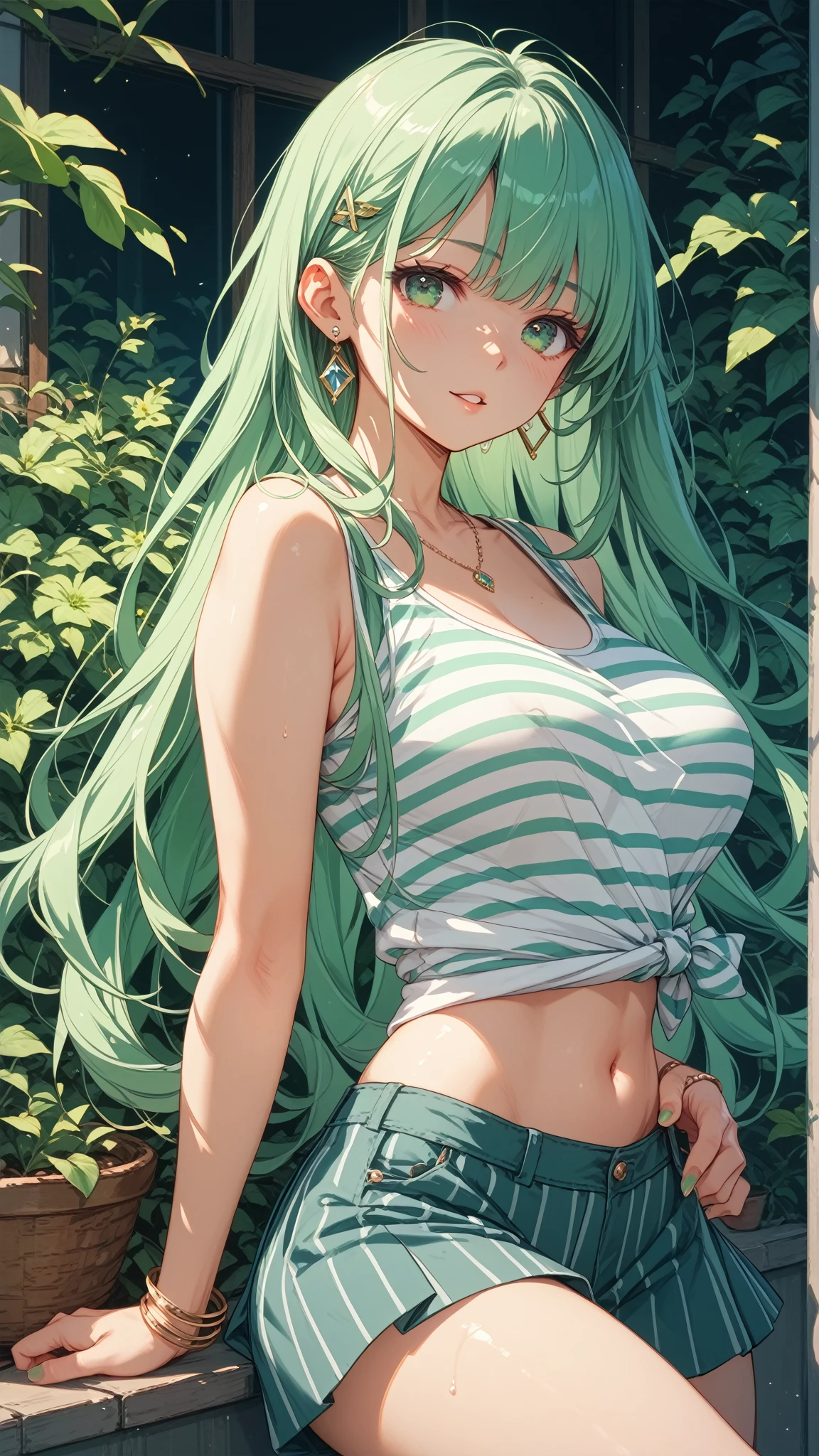 girl anime art style female manga nude girl anime art drawing anime wallpaper japanese anime girls anime art nude woman anime, 1girl, breasts, solo, braid, multicolored hair, navel, green hair, long hair, green eyes, kanroji mitsuri, large breasts, pink hair, sweat, looking at viewer, sports bra, cleavage, twin braids, blush, mole, stomach, mole under eye, closed mouth, bangs, gradient hair, cowboy shot, bare shoulders, collarbone, thighs