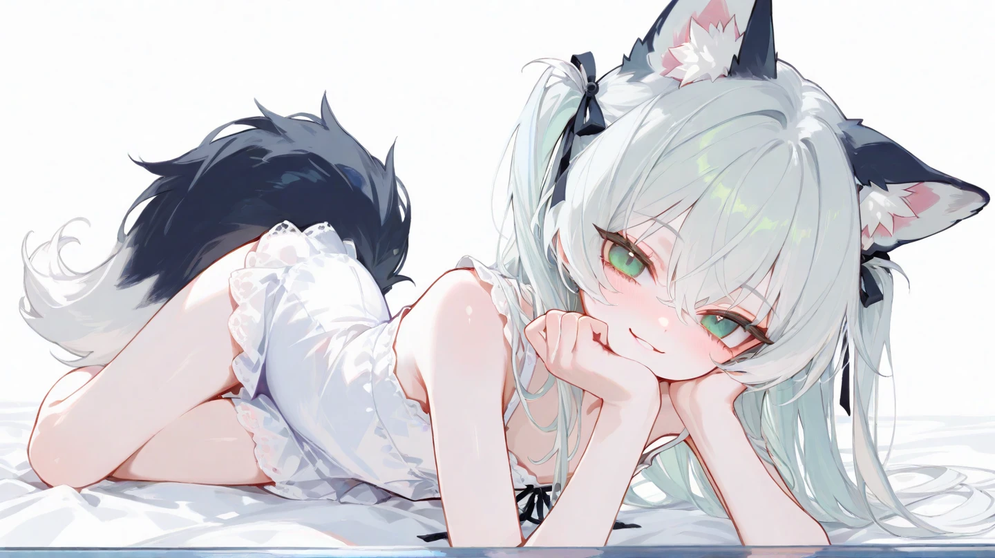 Silver Hair、Red Eye、Fox Ears、Fluffy fox tail、girl、Small breasts、ponytail、girl、Small breasts、Lolita、Bright smile、Looks like 13 years old、Petan Musume、目のhighlight、Sexy thighs、Your eyes are so beautiful、highlight