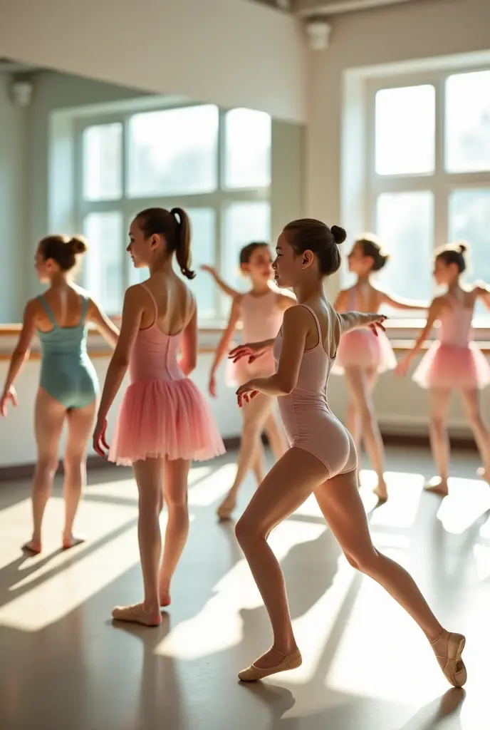 In a Wes Anderson ballet studio, three 10-year-old girls in colorful tutus practice, dance class