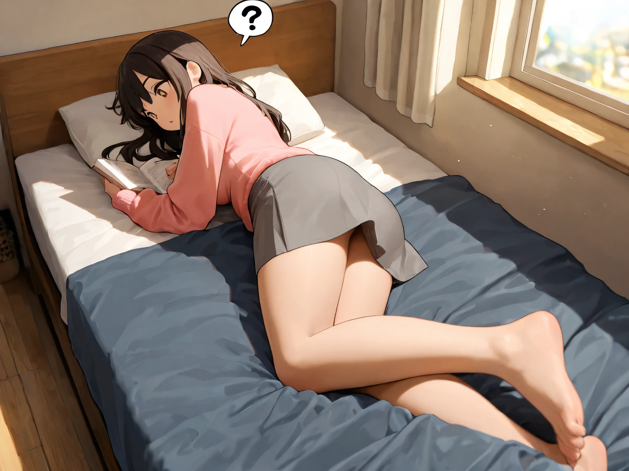 masterpiece, Highest Quality, Great Quality, very aesthetic, high resolution, ultra detail, absault dress, newest, scenery, 1 female, 30 years old, mature, beautiful woman in silya room, dark hair, long hair, brown eyes in the bedroom, Sparkling Eyes, detailed face, detailed eyes, cute eyes, medium breasts,  fluorescent pink sweater , oversized sweater, grey miniskirt, tight skirt, Bare legs,  Ignore, sleep on your stomach, lying in bed, reading,  and relax in bed, legs in Shibafu, focus on the bottom, Wrinkled Toes , rear view, She turns around,   Surprised to See Me When I Turned On , Question , bedroom, Detailed Background,  seen from above,  Diffused sunlight , depth of field, in their 40s, detailed skin, masterpiece, Highest Quality, Great Quality, very aesthetic, high resolution, ultra detail, delicate, absault dress, newest, scenery, depth of field, volume lighting