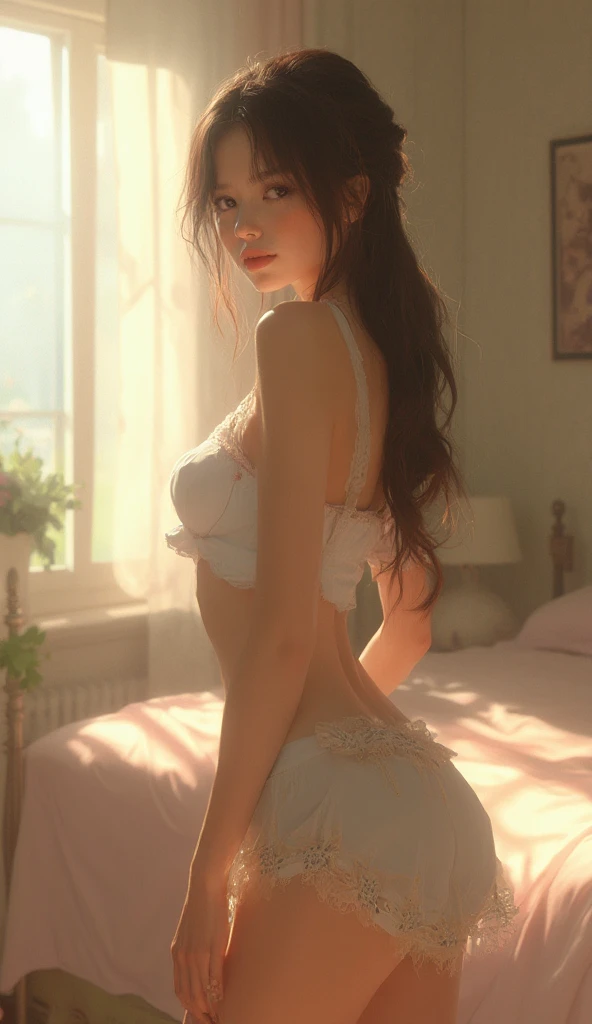 Masterpiece, highest quality, high resolution, solo, small breasts, leaving home, (no blouse, micro bra, Latina, adolescent, transparent micro panties, cameltoe, big teats visible under the bra), jumping window, from below, Both thighs are exaggerated, lascivious, bed, shaggy underwear, heavy breathing, sexual expression, open legs
