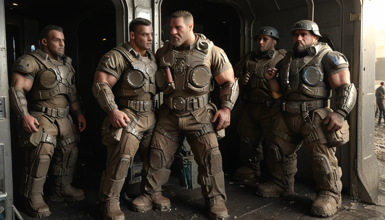 1 bodybuilder man with big biceps, ((bald, black beard, coming out of armored APC, holding M16, in thong, bulge , tactical gear, wearing boots, ))