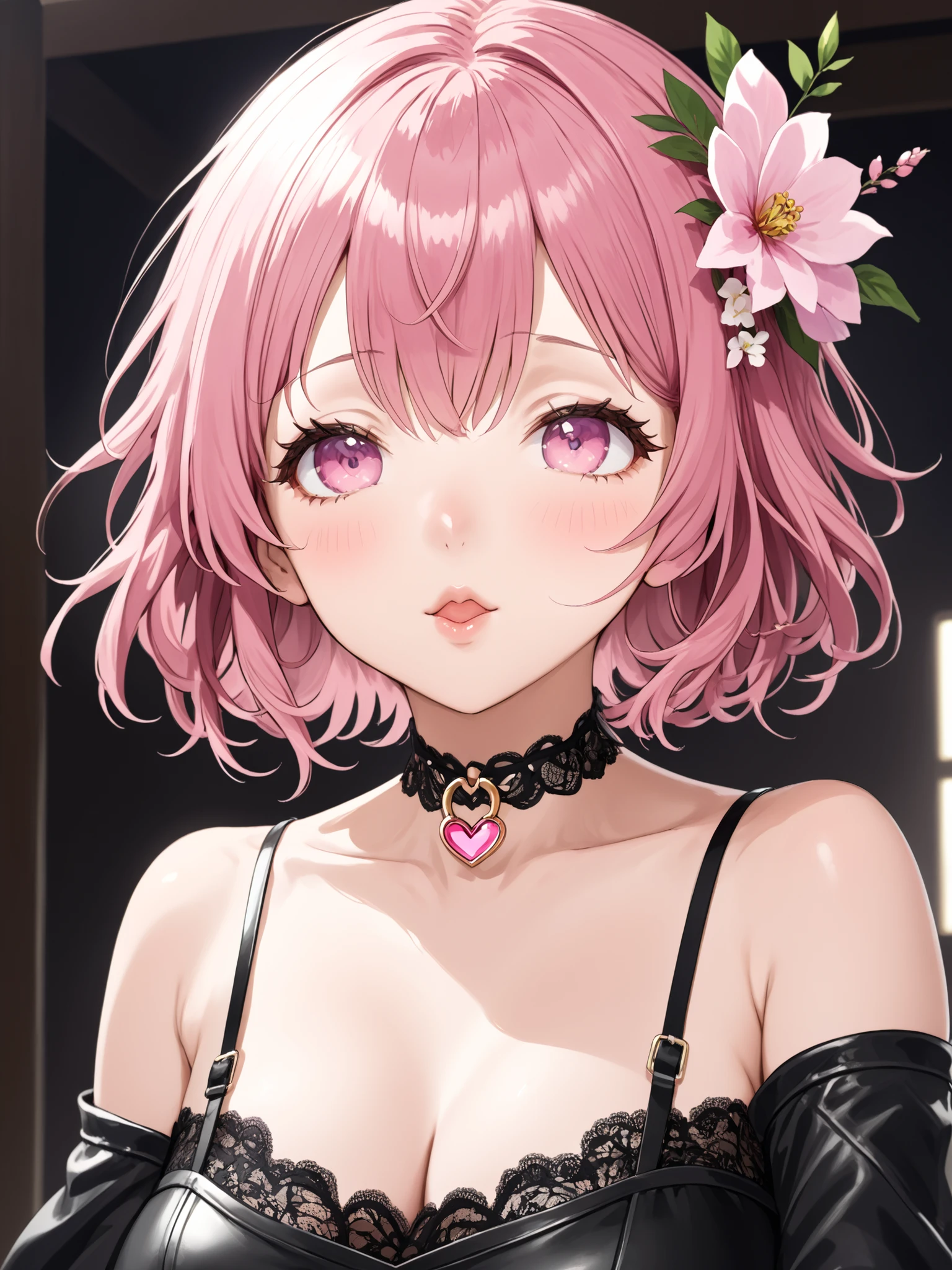 about, clavicle, Floral, upper body, lips,bare shoulder, long hair, hair ornament, Chest,score_9, score_8_up, score_7_up, score_6_up, score_5_up, score_4_up, source_anime, tag1, tag 2, quality_masterpiece, anatomically accurate, face, Perfect face, Highly detailed face and eyes,big breasts, viewers, squats, throw (from below), blanking,I'm wearing a peace sign , selfie, in Kura, A cute anime girl with a soft, curvy figure and short, wavy pink hair styled in a bob cut with a gentle side-swept fringe.Black Leather Heart Embellished Choker, Pink Lace Dress