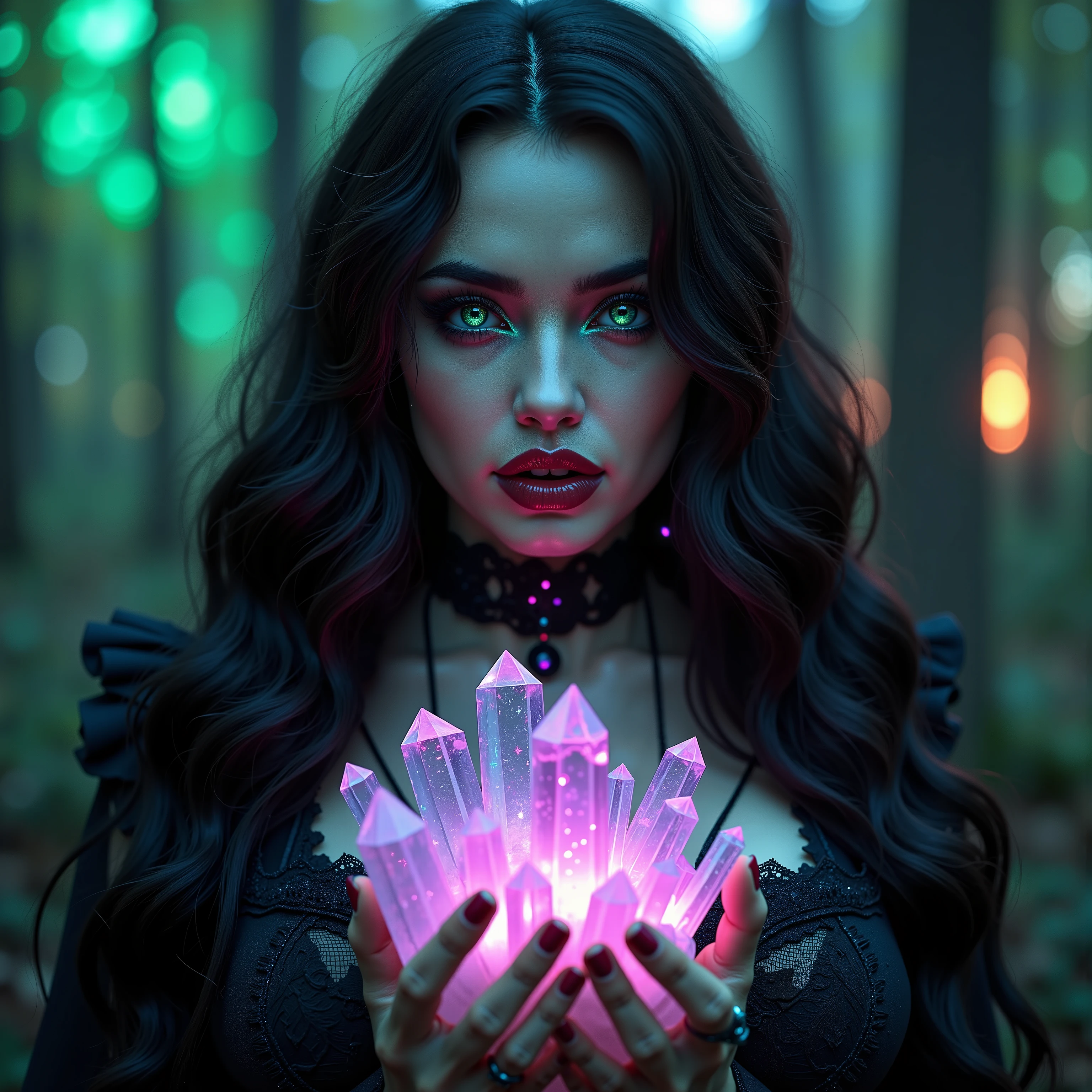God's Beauty. Extremely attractive princess, very long wavey dark hair, pale faced Queen, she carefully holds a cluster of glowing translucent quartz crystals, they radiate energy as she holds it up for us to see, intense looking gothic woman, has on heavy make-up, red lipstick, a lot of black eyeshadow, she has a large overflowing chest, very big and sagging from weight breasts, intricate sparkling green irises with violet lines running through them, ultra-realistic, photo-realistic, cinematic, realistic, realism, UHDR, full focus, highest quality, 4k, 8k, highres, startling, stunning, cinematic portrait, Sparkle, haunted forest, LSD, Psilocybin imagery, swamp gas in the background, a vibrant colored, super saturated hot pink and neon green colored forest and sky. Intense eye contact. Looking at viewer, Parted Lips, Sensual, Extremely Attractive woman, Perspective: Multiple Views, Glowing Light, God Rays, physically-based Rendering in 3D, 4D, 8k, highres, masterpiece