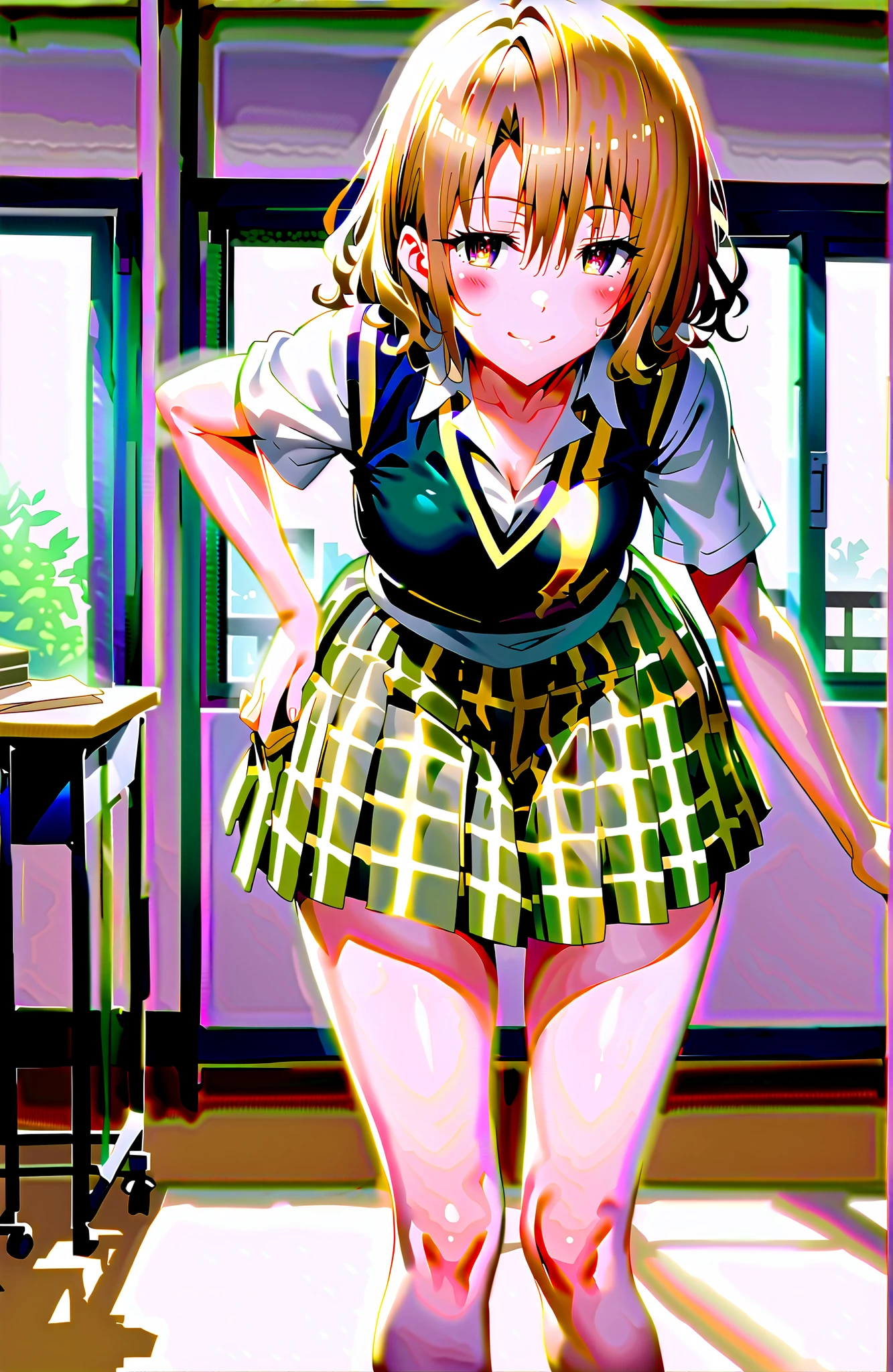 Risa Momioka, short hair, Gold, wavy hair with a graceful expression, Split Bangs, PURPLE EYES,
green skirt for ears, plaid, plaid skirt for ears, sainan high uniform, uniform, skirt for ears, black, Short sleeve, bow, green bow,skirt for ears lift,wet,see through,blackブラジャー,black紐パンティ,standing,smile,blush,mouth,narrows her eyes,curtains,window,blackboard,machine,chairs, Beautiful Streetscapes,full bodyがイラストに入るように,in their 40s looking at viewer,full body,
in their 40s indoors,Classroom,
in their 40s (masterpiece:1.2), best quality, high resolution, Unity 8Kの壁紙, ( illustration :0.8), (beautiful detailed eyes:1.6), very detailed face, perfect lighting, very detailed CG, (perfect hand in h, perfect anatomy),