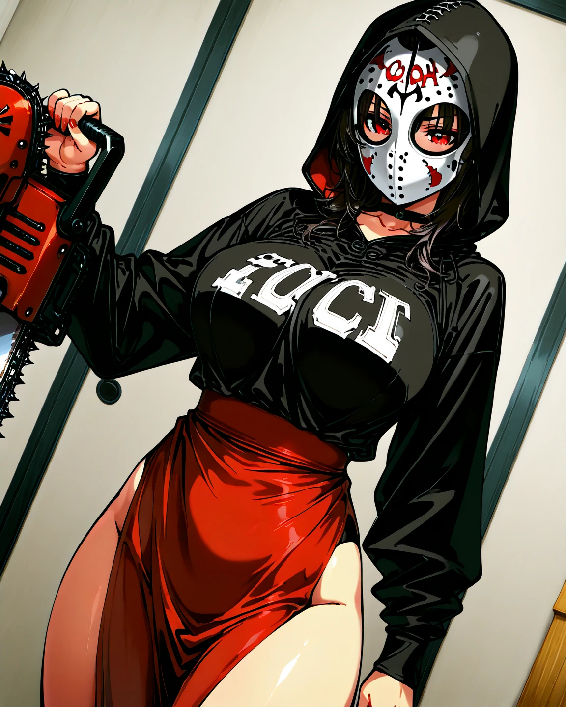 big lips, Brown hair, pink eyes, japanese face, improve, improve grin, two sides up, huge breasts, Wide hips, sexy, detailed, pink room, Hits, (evil smile1.4), kawaii, pleated skirt, punk, GOOD, zombie costume, zombie shirt, zombie choker, zombie skirt, dezombie shirt,navel piercing