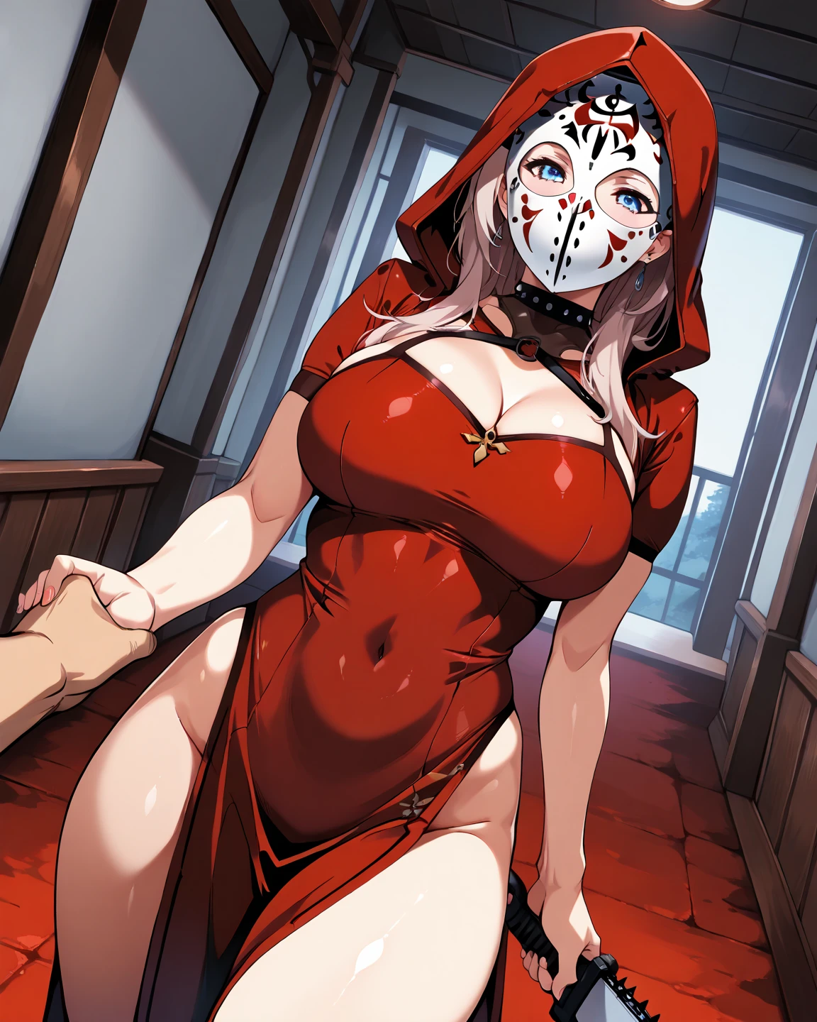 en, (bound with an excessive amount of ropes), (bound wirsts), (arms behind back), (tapegag, tape gag), dramatic,  (looking at viewer), (detailed pupils:1.3),,big breast ,perfect famale body,young woman with long blonde hair, wearing a red and white outfit that resembles a stylized version of Little Red Riding Hood. She has a red hooded cape, a white blouse with puffed sleeves, and a red dress with gold and black accents. She also wears black thigh-high stockings with gold patterns and red shoes with bows.