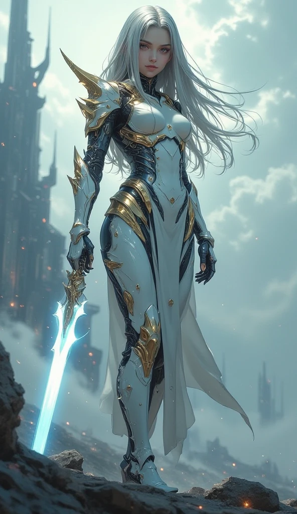 Cyberpunk style, Beautiful girl in armor, Flying in the sky, cape, scarf, Long legs, Long white hair,Hair accessories, electricity,flame,ice,gem,cloud, Metal Material,Wood texture, Depth of Field, Blurred background,(Exquisite craftsmanship, Fine details, A fusion of aesthetics and dynamics) + ( Exquisite scenes + Wide-angle lens + Soft touch) +(masterpiece, Top quality, best quality, Official Art, beautiful and aesthetic:1.2), (Fractal Art), rich and colorful, Glowing skin,