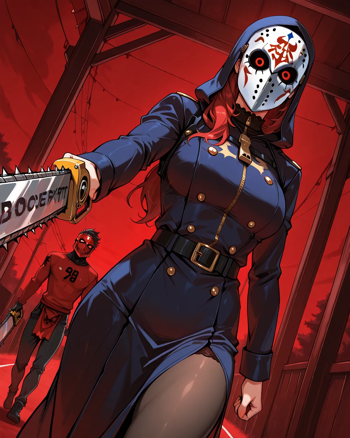 highest quality, High resolution,(A frame made up of chains and skulls),zombie girl、A bloody chainsaw、Splattering blood、amusement park、small eyes、small breasts, Mr.々colored hair, realistic, masterpiece, super detailed, 8K, epic 、cute underwear、tattoo