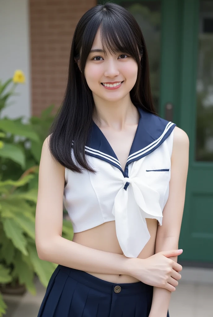 masterpiece, highest quality, 8K, , RAW photo, disorganized, award-winning portraits, alone, noon, idol face, delicate face, Digital single-lens reflex camera, looking at the viewer, shy smile、shame、flushed cheeks、thin arms, small breasts, nipples, small ass、thin waist、Frank, Sophisticated, like々New, thin arms, professional lighting, film grain, black eyes, chromatic aberration, (detailed eyes and face:1.0), (Bokeh:1.1),(hyper pretty face:1.3),(medium black hair:1.4), japan school student sailor uniform, (pleated mini skirt:1.3), white blouse and school ribbon, (cute panties, high detailed, pale color:1.4), above the knee, (angle from front:1.3), hair blowing in the wind,(dynamic poses:1.4)