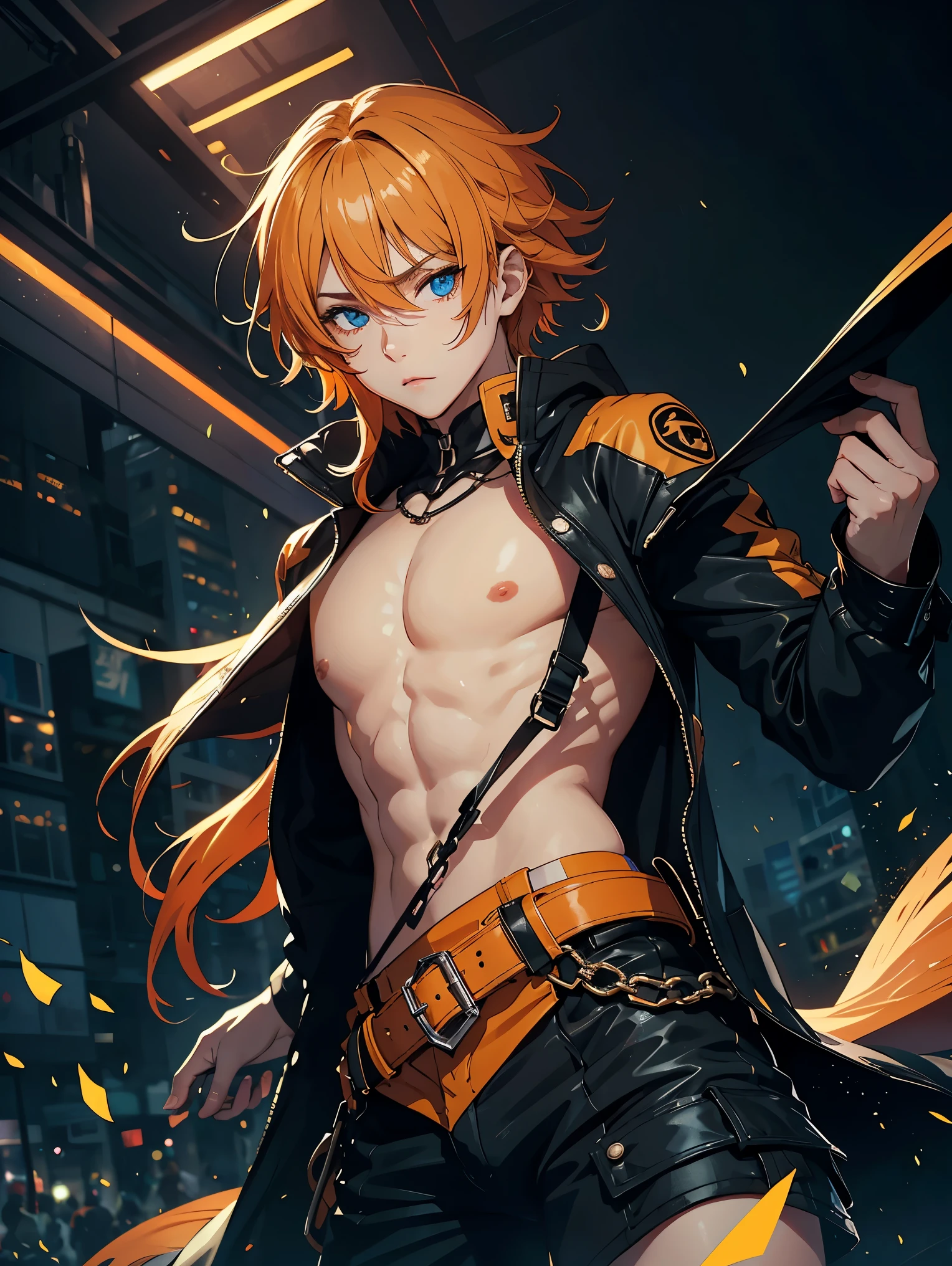 In the realm of digital art, a masterpiece unfolds before your eyes. With every pixel meticulously crafted to perfection, this ultra-detailed image brings to life a demon male of enchanting allure. His hair, a mesmerizing blend of orange and green gradients, cascades down in short waves, reflecting the ethereal glow of the surrounding landscape. Turquoise eyes, glowing with an otherworldly intensity, pierce through the darkness, conveying a sense of mystique and power. Black sweat trickles down from his muscular form, clinging to his ripped jeans, adding to his raw and primitive demeanor. A small black horn emerges from his forehead, a