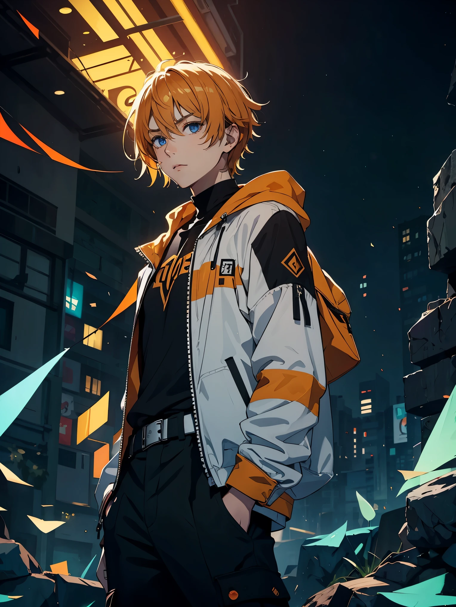 masterpiece, best quality, highres, 4kres, Young boy with orange hair looking the city lights at night from a high balcony. The city is like new york. He is dressed with a hoodie and long cargo pants He is looking at the city, not the camera