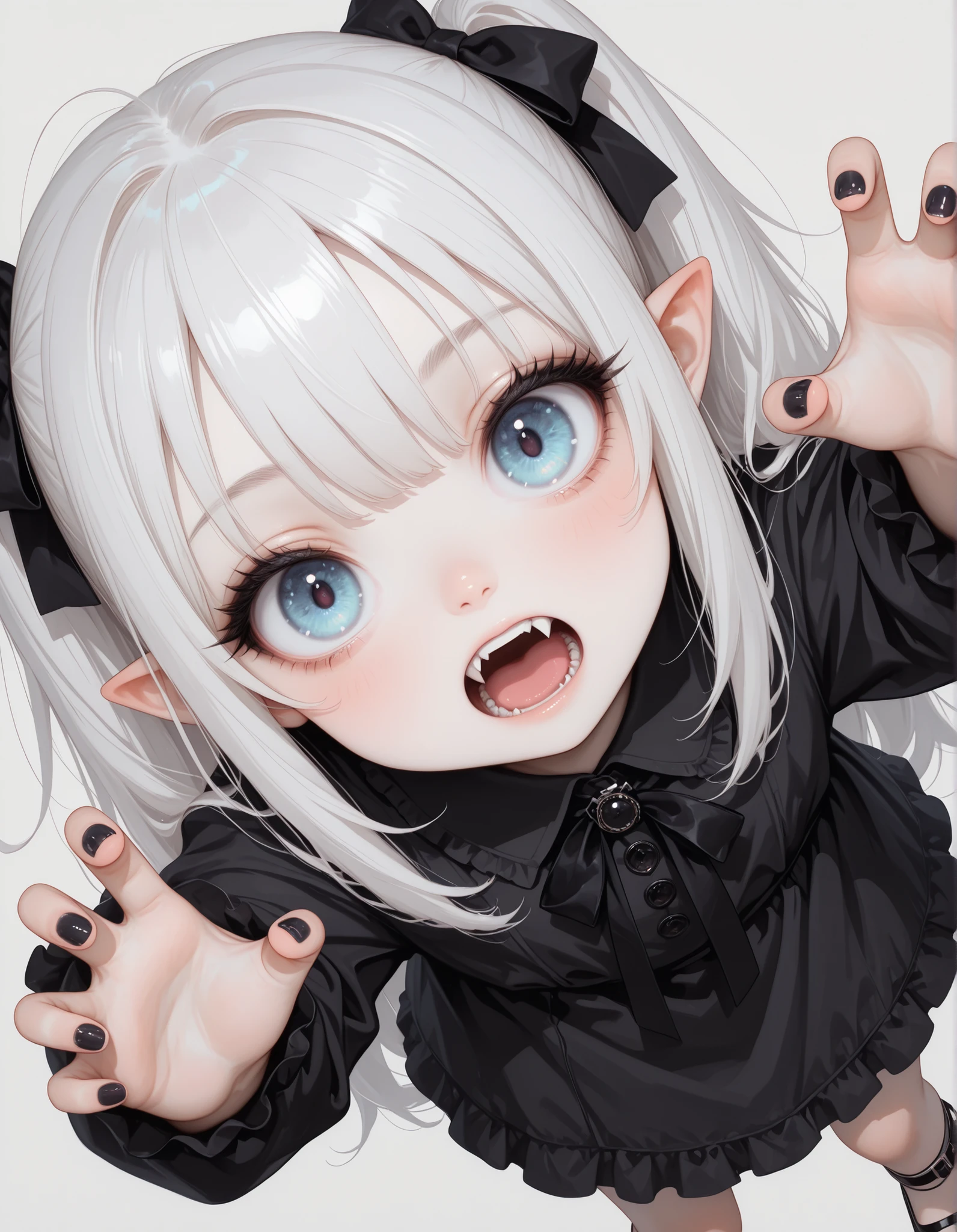 safe, masterpiece, best quality, good quality, very aesthetic, absurdres, newest, 1girl, solo, young, white hair, pointy ears, detailed eyes, fangs, pale skin, black dress, perspective, dynamic angle,long eyelashes, thick eyelashes, black nails, large eyes, detailed eyes, simple background, bangs, looking at viewer, long hair,