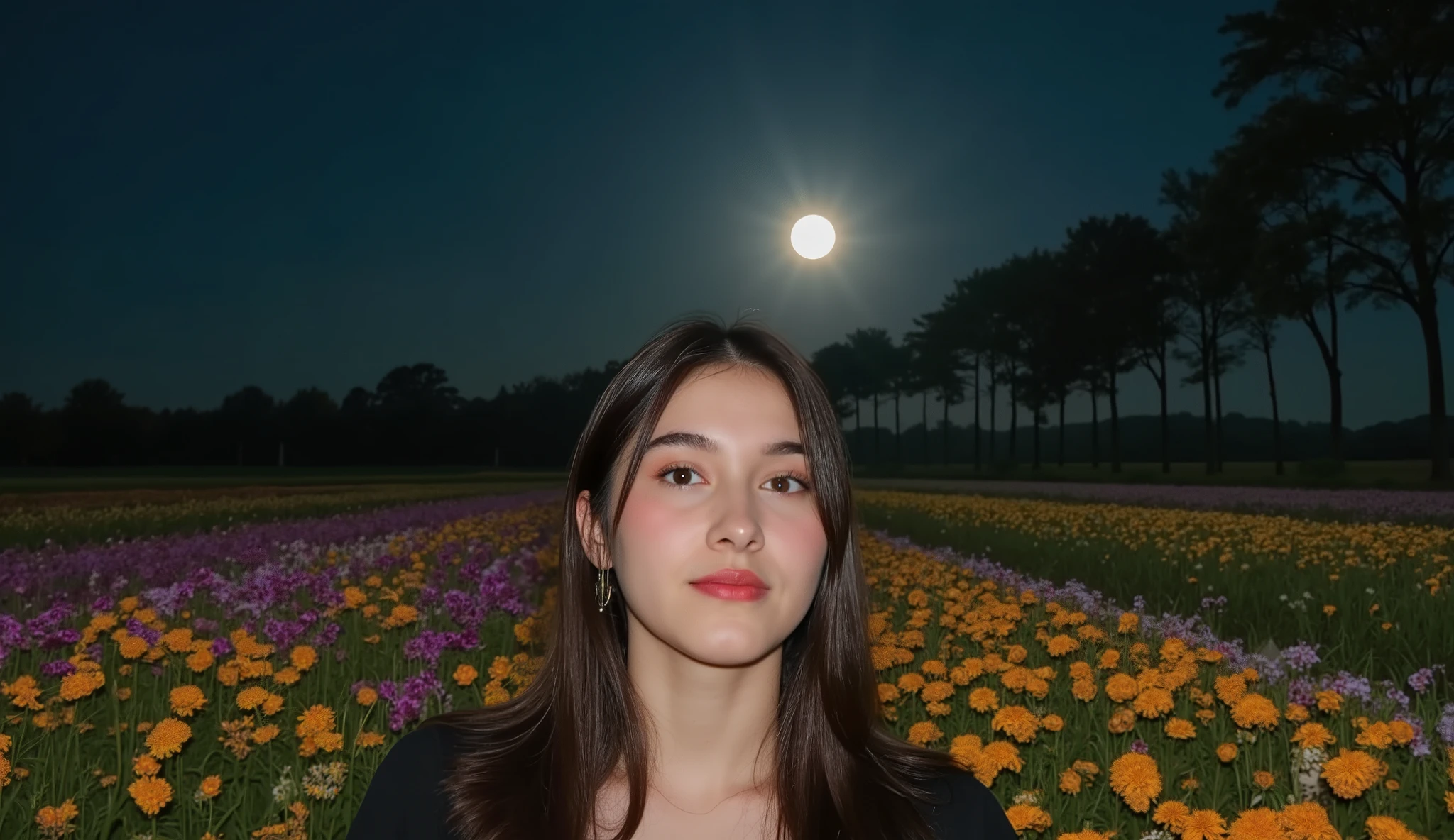 Girl muslim,(걸작,  best image quality , 8k),  real photo , perfection of fashion, full body, faint smile, Exquisitely Painted , Realistic, ultra high definition,ultra high definition, , very detailed, high quality, high detail with stars, High Resolution,Unfocused Background,female,, 18-year-old Ukrainian beauty , , colorful hair color ,Dreamy night scenery. "A vast nature full of emotion,Moonlight flowers are blooming, The moon is floating in the sky,  Soft natural light envelops her silhouette and ,  creates a warm and dreamy atmosphere . is blurred with a soft outfocus, An emotional, cinematic scene ." She is feeling nature while touching moonshine flowers, Flower fields are spread out along with a path leading to a mysterious forest with a fairytale-like atmosphere