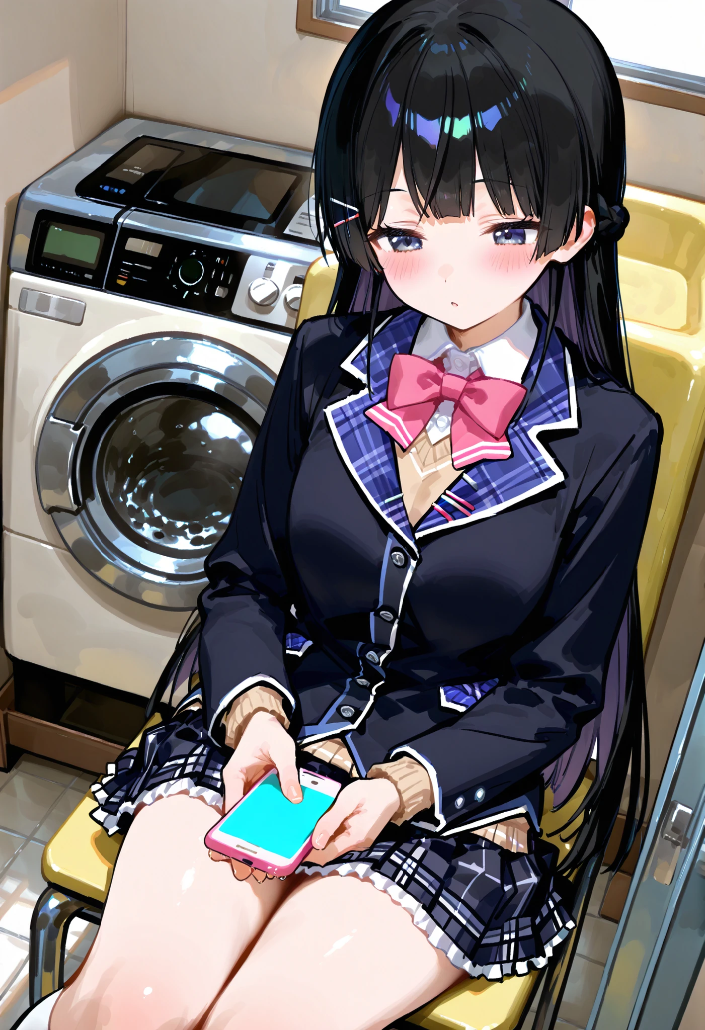 748cmstyle。Tsukino Mito (Nijisanji)。next to washing machine。Sit down。Side。look at their phones