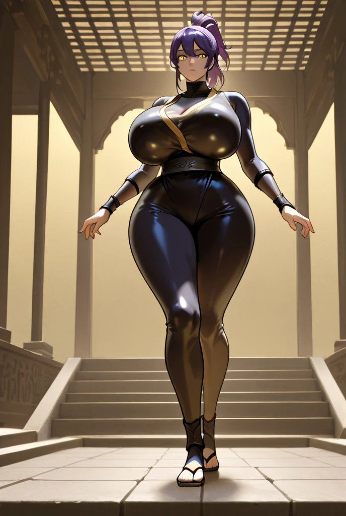 Masterpiece, best quality, 1 woman, sexy, half naked, large breasts, wide hips, ninja, skimpy robes, face mask, katana, short black hair, 