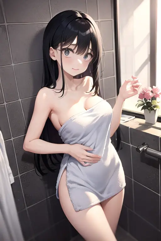 Completely naked,Nipples,masterpiece,highest quality,Bathroom,Japanese,Black Hair,Classmate,smile,14 years old,pubic hair