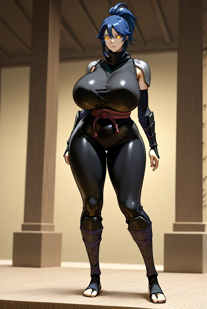 Shuten, arm guards, armor, black gloves, bodysuit, fingerless gloves, gloves, japanese armor, kote, loincloth, purple bodysuit, ribbed sleeves, tabard, toned, gigantic breasts, 4 arms, full body.