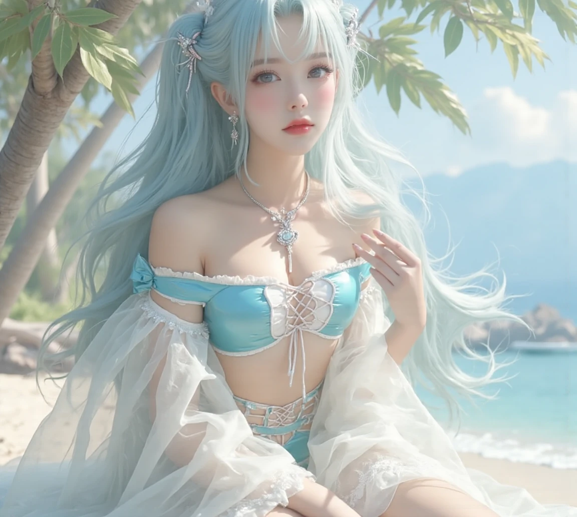 (1 Girl:1.3), Solitary, __body parts__, Official Art, Unity 8K wallpaper, Extremely detailed, beautiful and aesthetic, masterpiece, best quality, Raw, Ultra-detailed photos, best quality, Ultra-high resolution, Photorealism, Sunlight, Full body portrait, Stunning beauty, Delicate face, Vibrant eyes, (From the front), Delicate face, Gorgeous, Highly refined skin, Realistic skin details, Visible pores, Clear focus, Volumetric Fog, 8K Ultra HD, Digital SLR Camera, high quality, Film Grain, White skin, Photo Realism, Ocean blue hair, Ocean blue hair, breast, open eyes, Slit sleeves, Skinny, transparent, pink, skirt, transparent panties, blue, Twist Braid, Long braids, Jewelry, gold accessories, Gorgeous配饰, complicated, Delicate lips, Long hair, medium breast, outdoor, Tightly closed lips, petal, Peach Blossom, permanent, Dynamic poses, Upper Body
