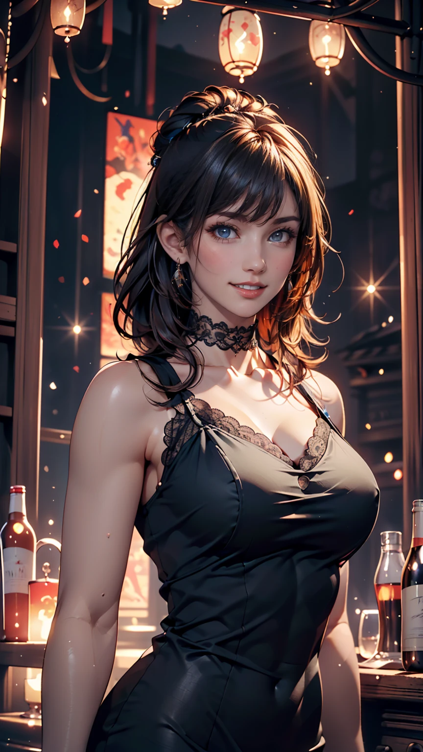 Portrait of Abigail: Attractive woman with updo, sitting at the bar in a nightclub. Wear an off-the-shoulder dress、This masterpiece is of the highest quality, Super detailed, Best for 8k HDR wallpapers. Featuring cinematic lighting with sharp focus and exquisite detail.Sexy proportions、Sexy lingerie peeks out、Narrow waist、Silver Hair、Beautiful nape、Perfect figure