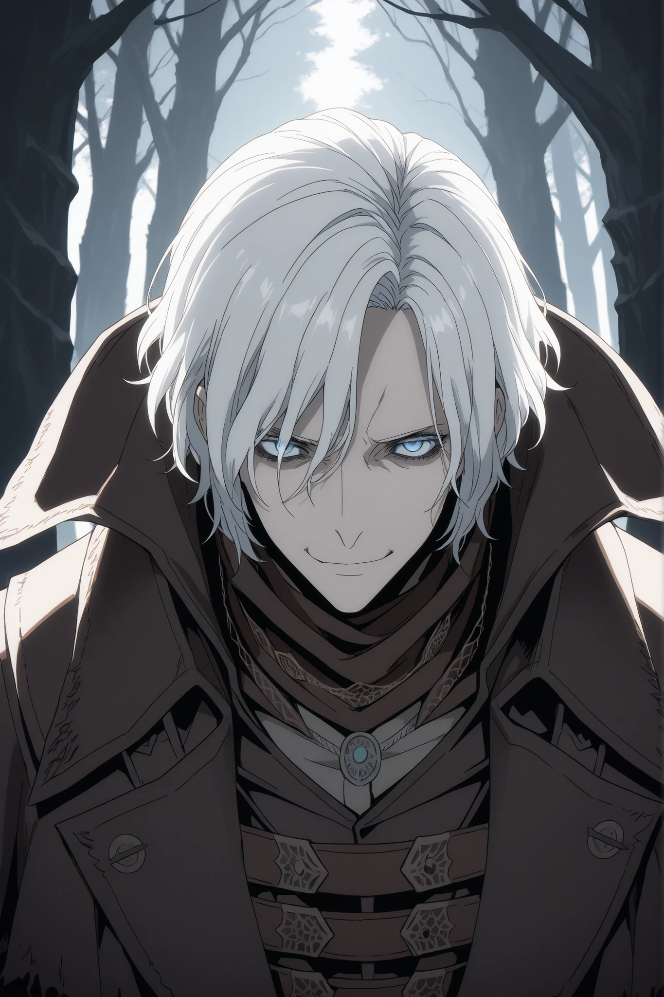 absurdres, (((Ultra HD))), (((Ultra High Quality))), ((hyper detailed)), ((Ultra High Resolution)), (Highly rendered), ((detailed eyes)), (((8K))), ((masterpiece)), solo, 1boy, thin, white hair, short hair, smirk, blue eyes, bloodborne hunter set, forest, daytime