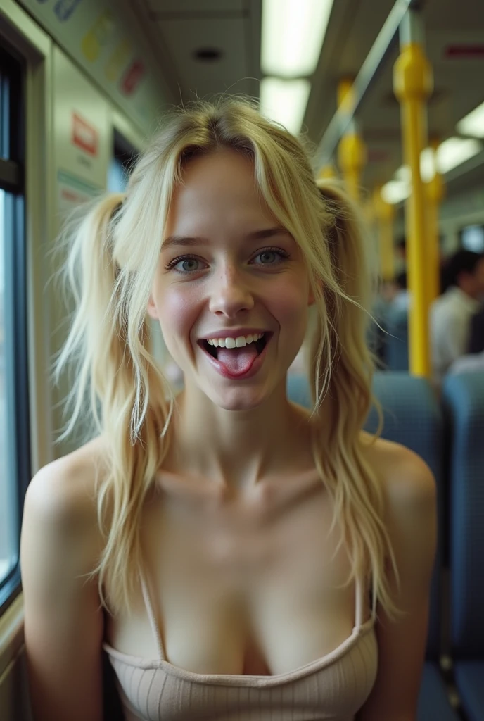 masterpiece topless beautiful woman, long ponytail, blond hair, in a space ship cockpit smiling, on all fours, window in background
