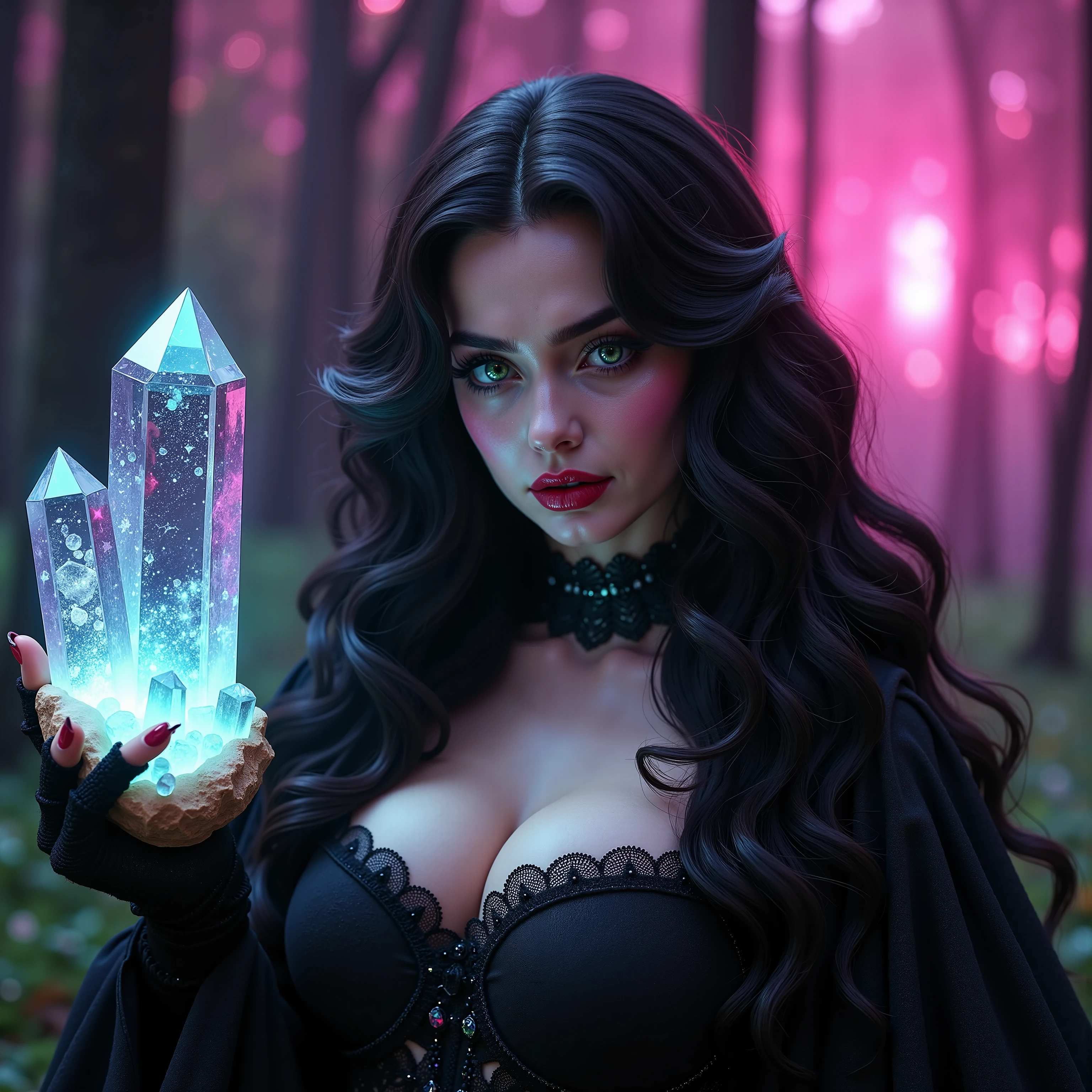 God's Beauty. Extremely attractive princess, very long wavey dark hair, pale faced Queen, she carefully holds a cluster of glowing translucent quartz crystals, they radiate energy as she holds it up for us to see, intense looking gothic woman, has on heavy make-up, red lipstick, a lot of black eyeshadow, she has a large overflowing chest, very big and sagging from weight breasts, intricate sparkling green irises with violet lines running through them, ultra-realistic, photo-realistic, cinematic, realistic, realism, UHDR, full focus, highest quality, 4k, 8k, highres, startling, stunning, cinematic portrait, Sparkle, haunted forest, LSD, Psilocybin imagery, swamp gas in the background, a vibrant colored, super saturated hot pink and neon green colored forest and sky. Intense eye contact. Looking at viewer, Parted Lips, Sensual, Extremely Attractive woman, Perspective: Multiple Views, Glowing Light, God Rays, physically-based Rendering in 3D, 4D, 8k, highres, masterpiece
