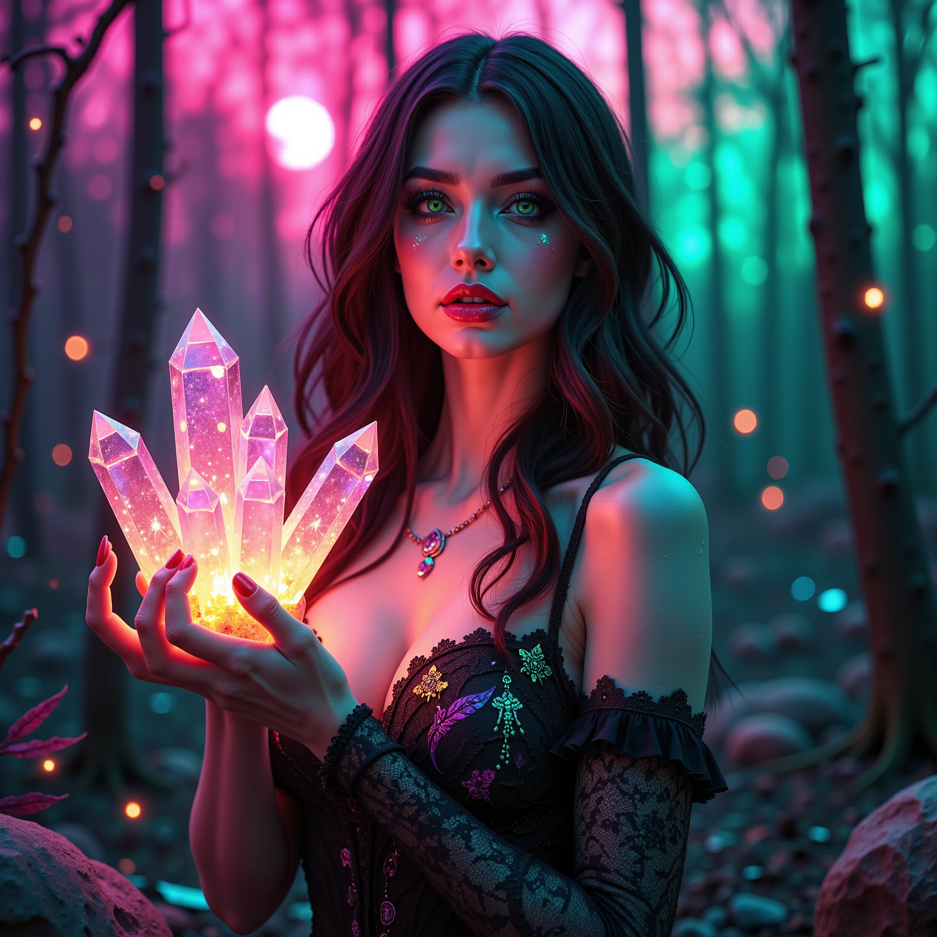 God's Beauty. Extremely attractive princess, very long wavey dark hair, pale faced Queen, she carefully holds a cluster of glowing translucent quartz crystals, they radiate energy as she holds it up for us to see, intense looking gothic woman, she has on heavy make-up, red lipstick, a lot of black eyeshadow, she has a large overflowing chest, very big and sagging from weight breasts, intricate sparkling green irises with violet lines running through them, ultra-realistic, photo-realistic, cinematic, realistic, realism, UHDR, full focus, highest quality, 4k, 8k, highres, startling, stunning, cinematic portrait, Sparkle, haunted forest, LSD, Psilocybin imagery, swamp gas in the background, a vibrant colored, super saturated hot pink and neon green colored forest and sky. Intense eye contact. Looking at viewer, Parted Lips, Sensual, Extremely Attractive woman, Perspective: Multiple Views, Glowing Light, God Rays, physically-based Rendering in 3D, 4D, 8k, highres, masterpiece