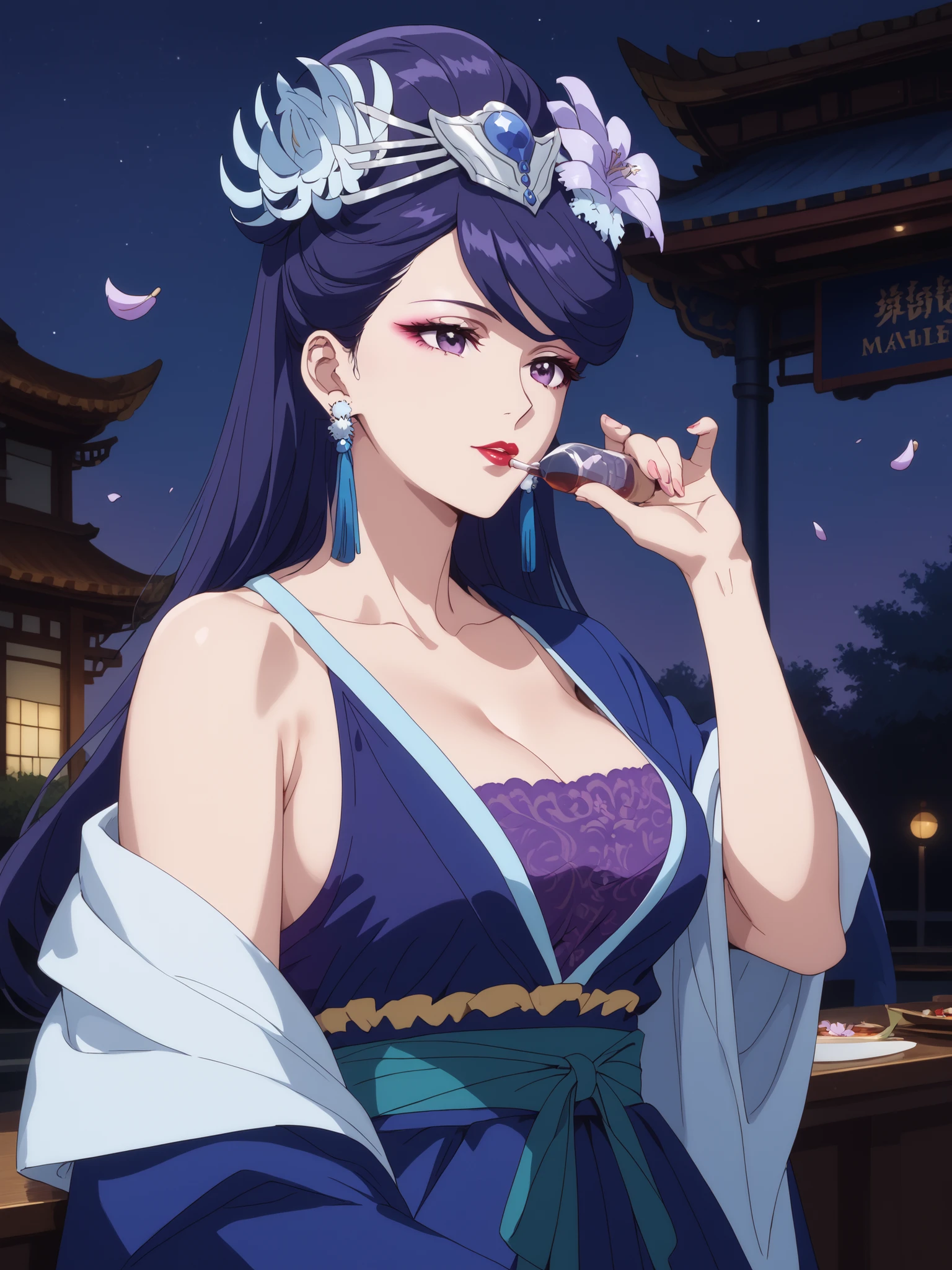 Moonlit Night,Drinking alcohol,((((masterpiece, Highest Quality)))), sleeveless,1 girl on break day, solo,Big Breasts,big butt,Li Hua ,The Apothecary Diaries,Li Hua, long hair, PURPLE EYES, purple hair, flower, earrings, hair flower, makeup, lipstick,Chest,  jewelry,business suit,complicated_details_4xl size,rich,,Beautiful Attention to Details:1.2, (perfect hand in h, perfect anatomy), 超details, beautiful face above the castle gate,,Cherry Blossoms,,cafe,(Watch Viewers),enchanting smiles,joy,heterosexuality:1.2,,Romantic Atmosphere,puts her hand on her hair,close-up face