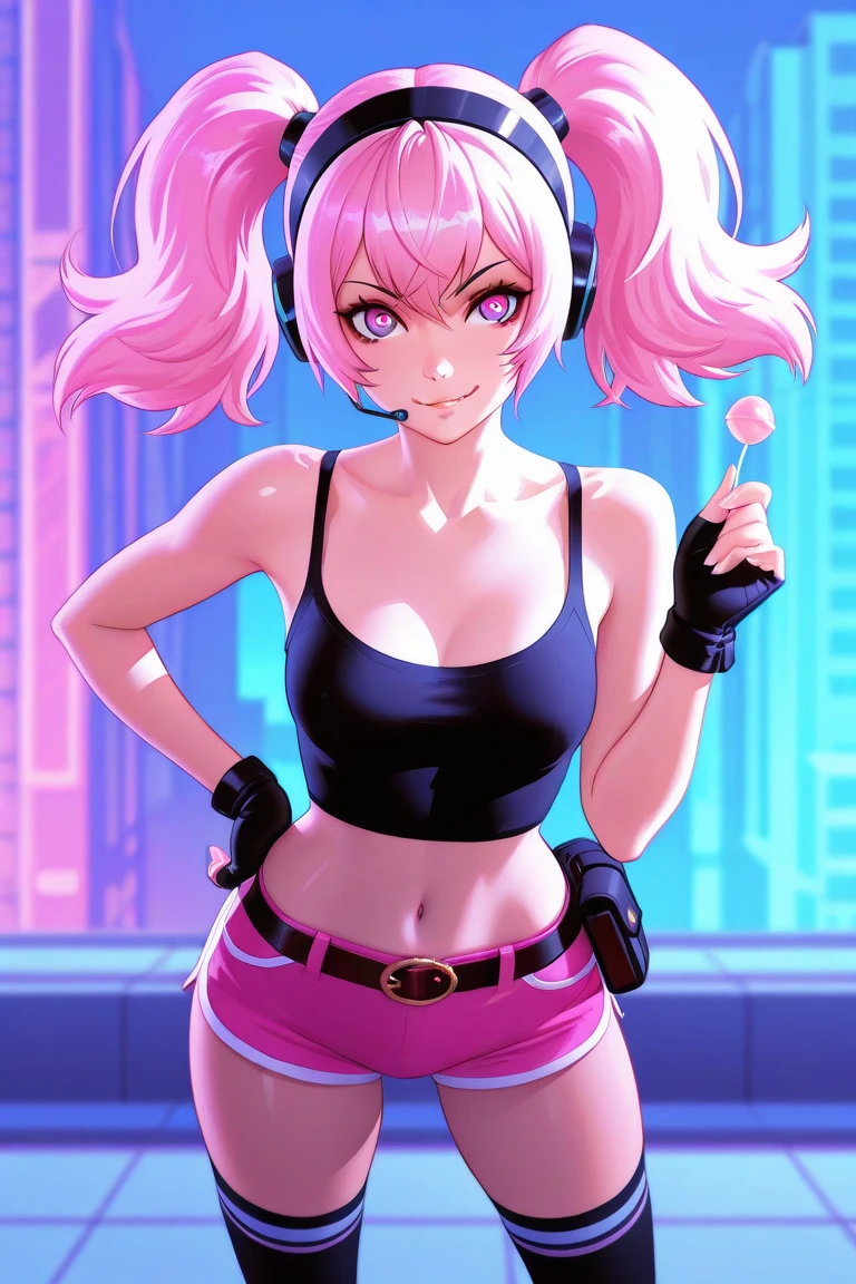 A tall girl, beautiful, sexy, cute, big breast, pink hair, long braids, menchon on the side, her green eye, pink lip, wearing a pink bra, top, and her pink miniskirt, pink metallic boot, wearing a pink glove, blue bracelet, arms. 