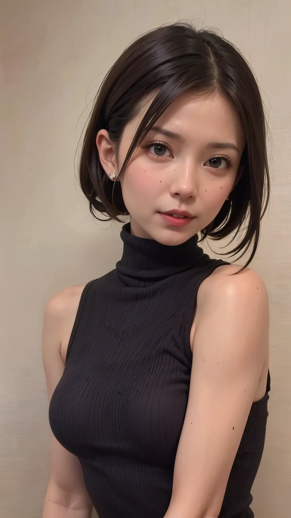 Turtleneck, sleeveless, age:45, 45 years old, small breasts, slender, I am a mature woman with medium hair, light brunette 