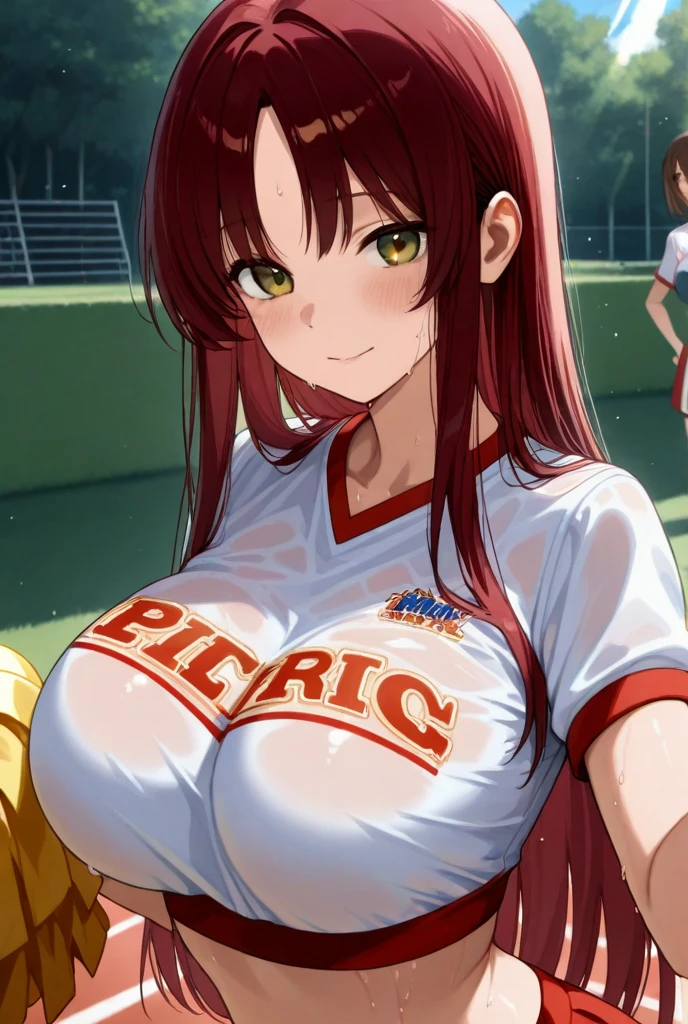 masterpiece:1.2, best quality), realistic, (real picture, intricate details, depth of field), (1girl, solo), make up, parted lips, highly-detailed, perfect face,
(huge breasts:1.4), (skindentation), thick thighs, wide hips, small waist, tall, glossy coral lips,
red hairs, red eyes, ponytail,
(A girl playing volleyball, white volleyball uniform), (sweating:1.2), (wet), sexy, blushing,