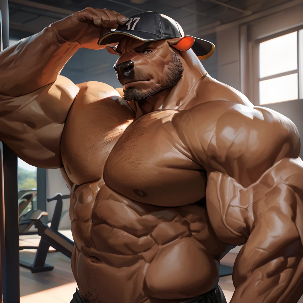 (best quality, 4k, highres, masterpiece:1.2), ultra-detailed, fury, furry art (realistic, photorealistic, photo-realistic:1.37), massive muscular, huge muscular, chubby Grizzly bear, working out, standing and working out in the gym, pumping his pectoral muscle, black shorts and black wristbands, lifting heavy weights, dumbbells, gym equipments, brown hair, thick brown fur, super thick arms, super big pectoral, super wide hairy pectoral, topless, shirtless, eyebrows, impressive brown beard, strong jawline, kind eyes, strong arms, proud posture, well-built physique, professional lighting and backdrop, intense shadows, vibrant colors, dramatic composition, gritty texture, vintage aesthetic, dynamic perspective. Add textures and details to make the image more realistic, such as the appearance of the body built muscles texture and the appearance of the brown fur