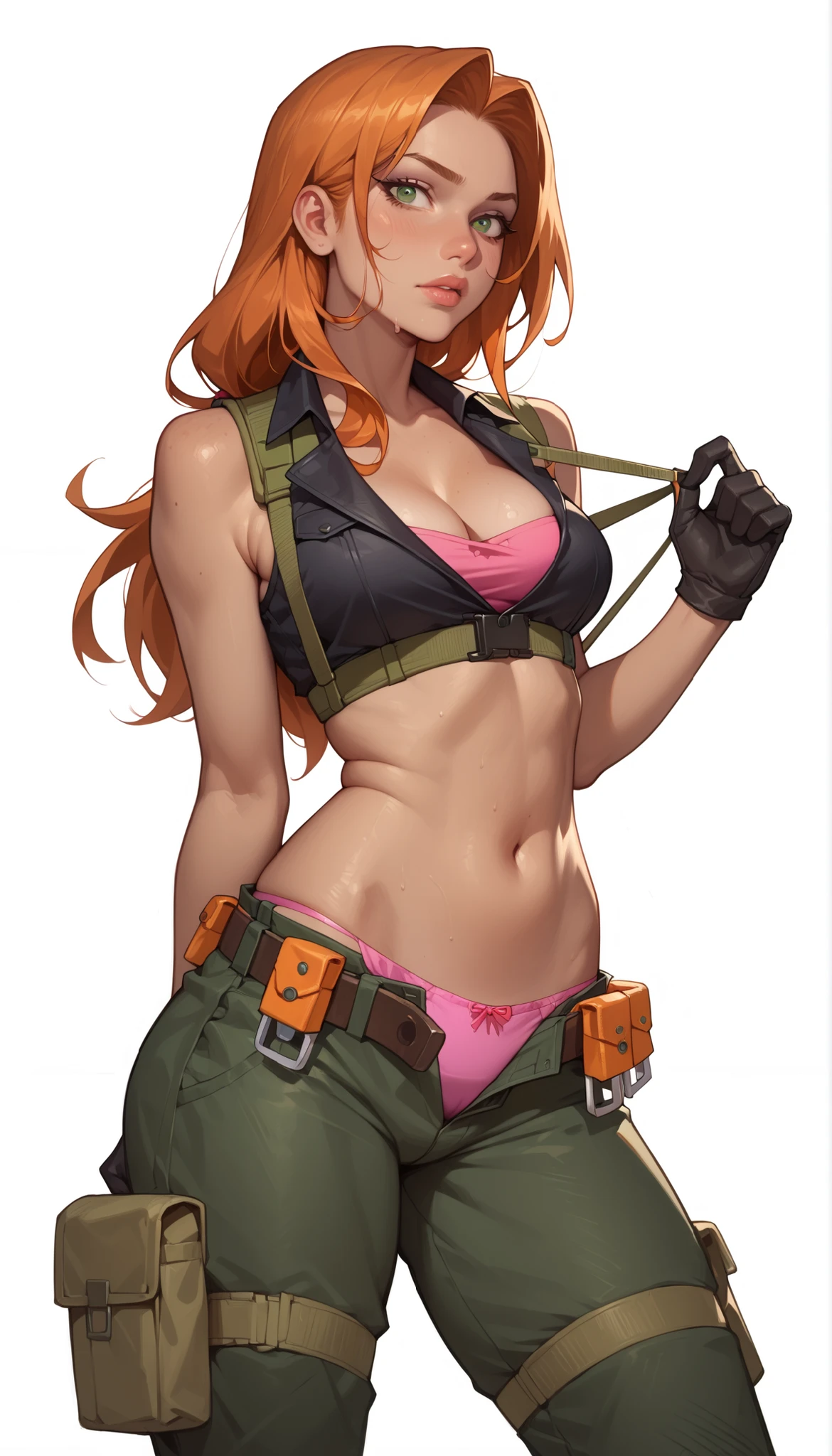 score_9, score_8_up, score_7_up, cartoon of a girl, solo, sexy, slutty, (brown skin), green eyes, orange hair, straight long hair, black gloves, utility belt, cargo pants, black sleeveless, cleavage, navel, small breast, pink panties strings, wide hips, grabbing, standing with legs spreading, dynamic angle, white background