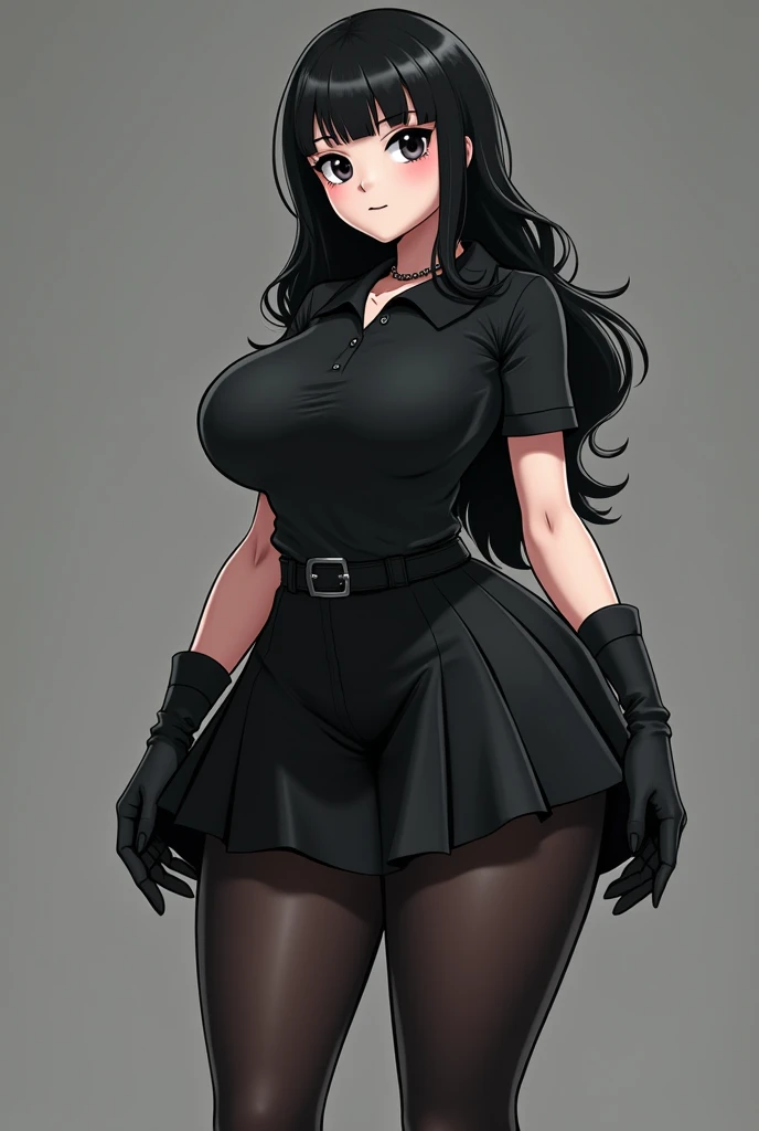 You encounter a rather tall and busty women wearing a long black dress and a dark leather corset, her long hair dyed black and her makeup black as well.