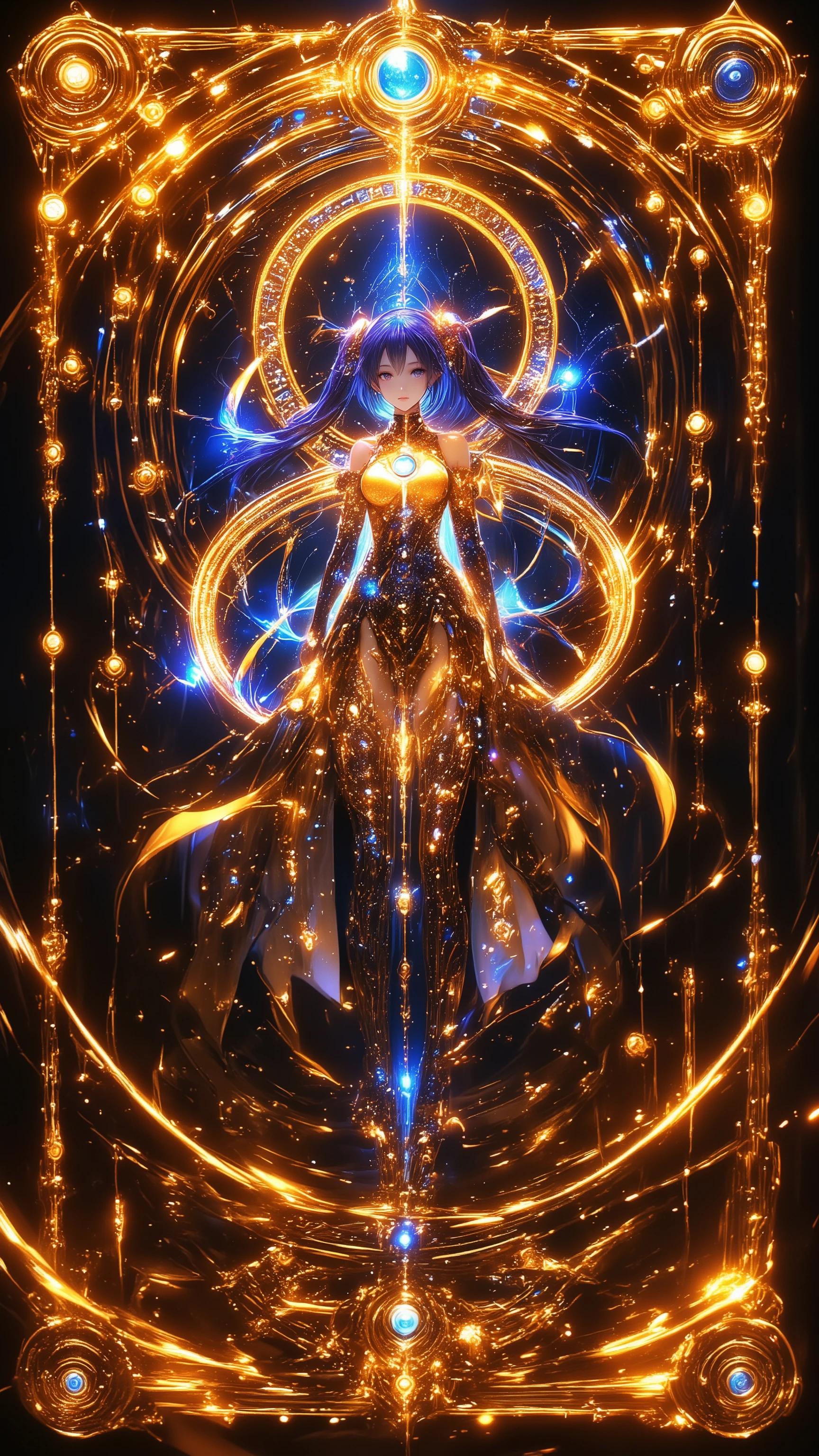 rectangular golden card plate,if it's an ancient relic、decorations like hieroglyphs and runes。embed a magic circle or gemstone。If it's a forbidden book、Designed to imitate a sealed chain。Half luminescence。
A beautiful hologram of Hatsune Miku is projected from the card。vibrant。beautiful thighs。