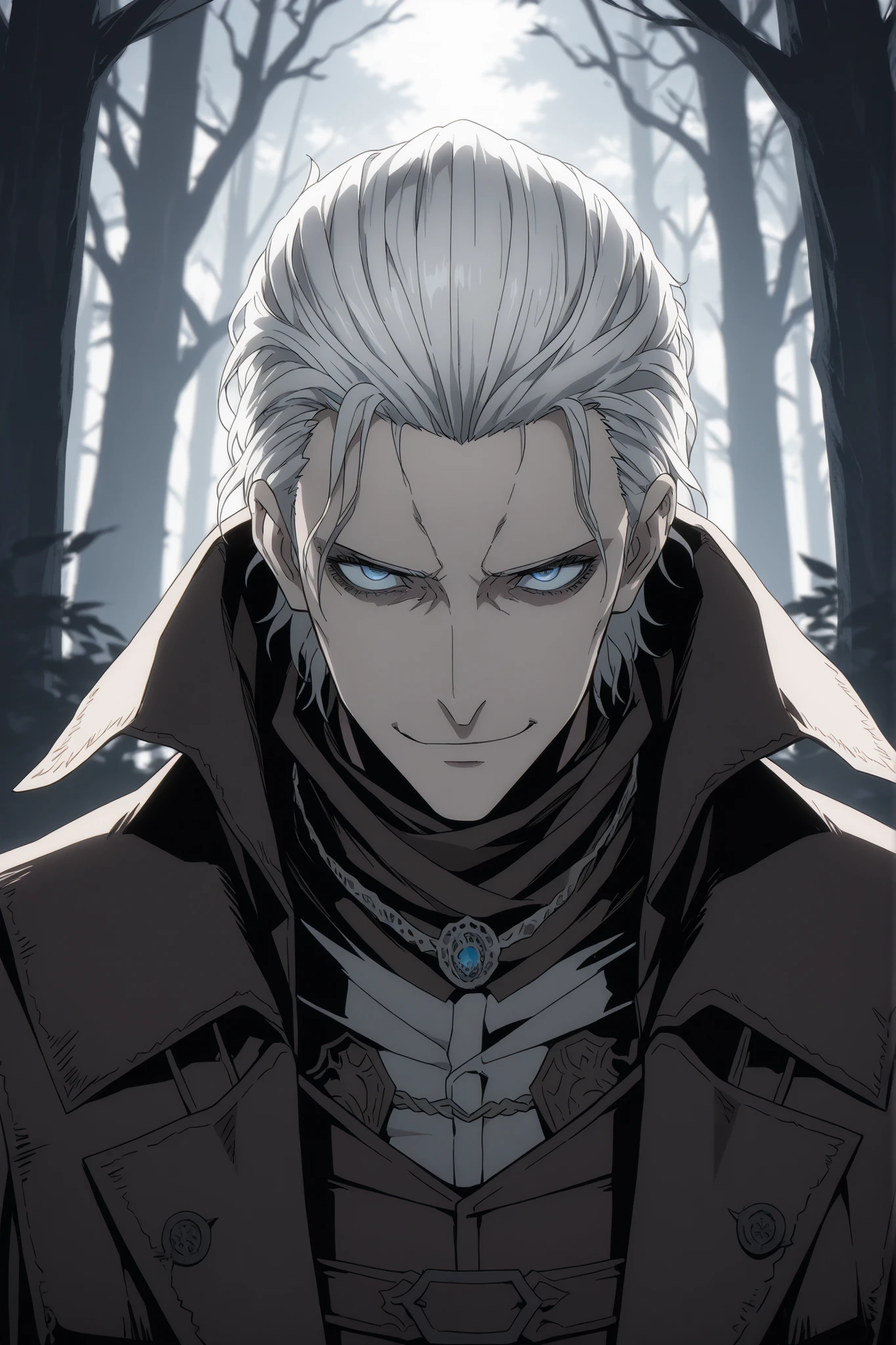absurdres, (((Ultra HD))), (((Ultra High Quality))), ((hyper detailed)), ((Ultra High Resolution)), (Highly rendered), ((detailed eyes)), (((8K))), ((masterpiece)), solo, 1boy, thin, white hair, short hair, slicked back hair, smirk, blue eyes, bloodborne hunter set, forest, daytime