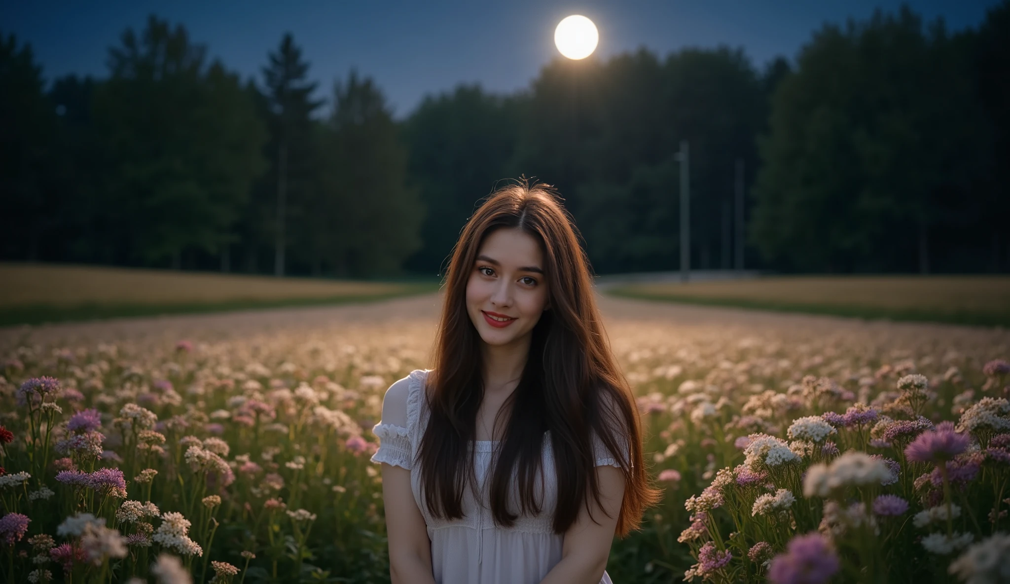 Girl muslim,(걸작,  best image quality , 8k),  real photo , perfection of fashion, full body, faint smile, Exquisitely Painted , Realistic, ultra high definition,ultra high definition, , very detailed, high quality, high detail with stars, High Resolution,Unfocused Background,female,, 18-year-old Ukrainian beauty , , colorful hair color ,Dreamy night scenery. "A vast nature full of emotion,Moonlight flowers are blooming, The moon is floating in the sky,  Soft natural light envelops her silhouette and ,  creates a warm and dreamy atmosphere . is blurred with a soft outfocus, An emotional, cinematic scene ." She is feeling nature while touching moonshine flowers, Flower fields are spread out along with a path leading to a mysterious forest with a fairytale-like atmosphere