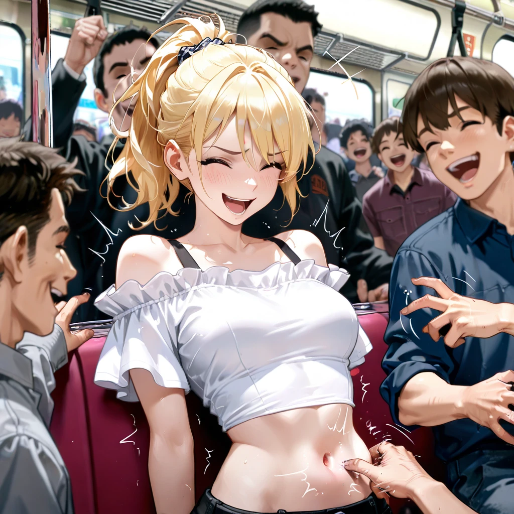 Multiple penises,Slender and sexy woman,Black Long Gloves,Black thigh-high boots,Yellow jean shorts,in the train,Molester,Multiple men,Put your hands behind your back,penis,rape,Sex,Creampie,semen,profile,behind,Cum in mouth,Folded ponytail,A man grabs a woman's arm,