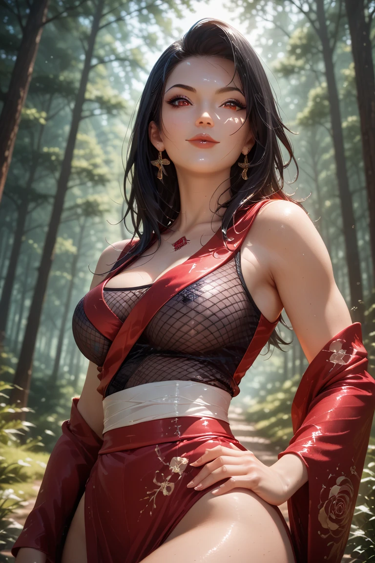 (8K, Raw photography, top-quality, ​masterpiece:1.2),  One Woman、Japan at the age of 18,fullllbody.{scinematic angle、Wide Angle、Don't split the screen、}（Realistic Skins 1.4）、（red riding hood、Wear a crimson hood）、（（（red hoods、Red dress、Black fishnet stockings、high-heels）））、（（（In the dark forest、In a deep eerie forest　、Pitch black night、Deep fog）））（（traces of wiping blood from the mouth,,,,,,,,,,,,,,,,,,,,、Red Eyes、Black and long nails））、50mm Lens、30mm film、wide angles、（long、straight haired、）、（A dark-haired、The forehead is hidden by bangs、）、Black eyes、shinny skin、Beautiful delicate face、Beautiful delicate eyes、｛medium chest、medium tits、｝、cleavage, stomach
