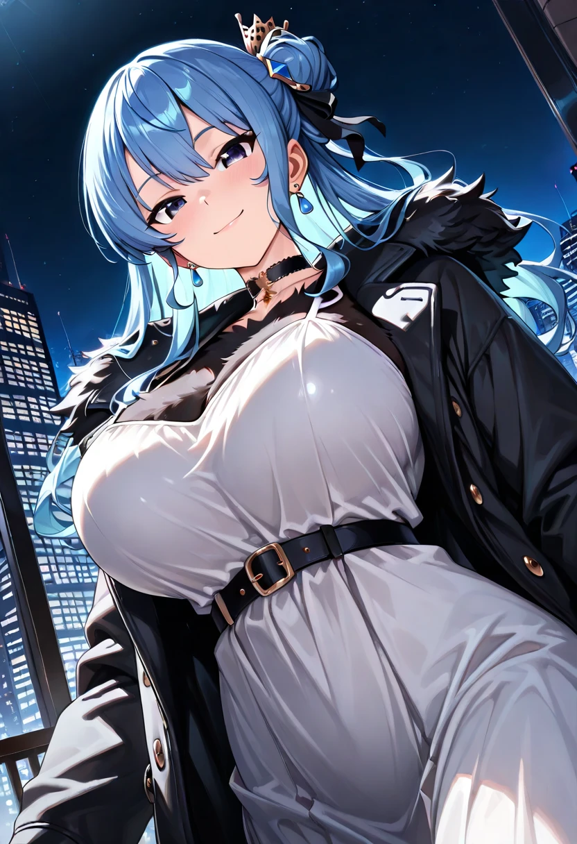 make anime girl in night, girl have big tits, she is siting on the car