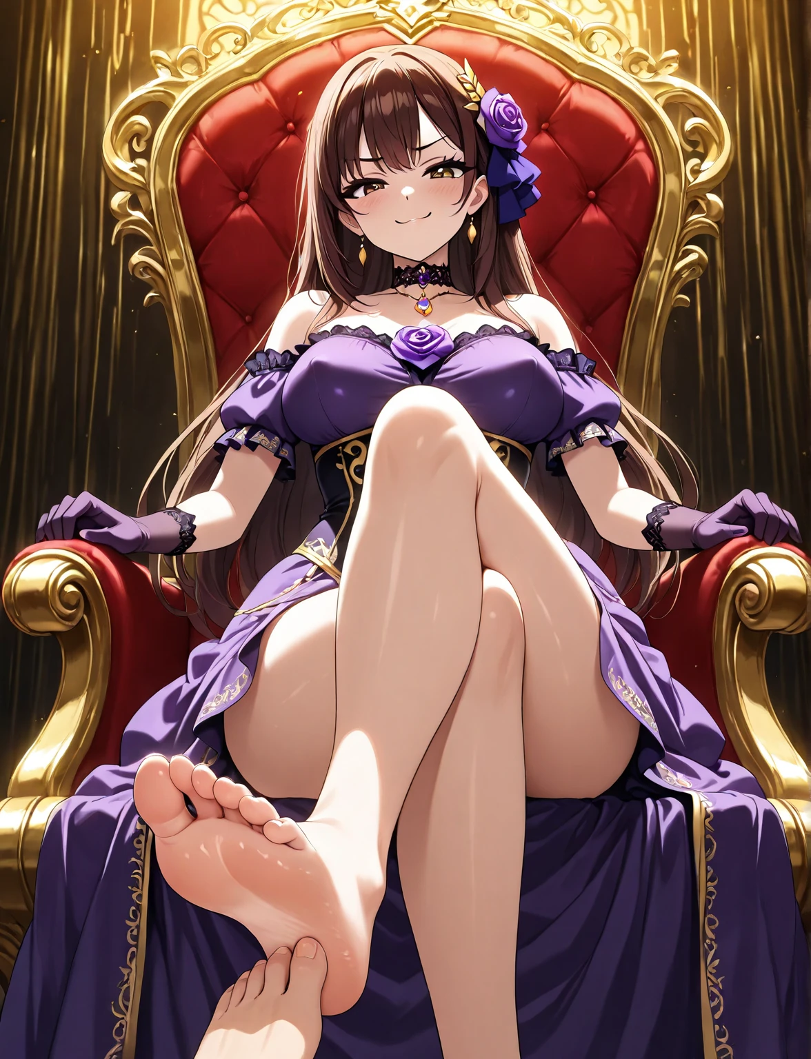 a haughty woman sits on an upholstered armchair, her posture exuding an air of unquestionable superiority. she stretches out one leg, leaving her bare foot exposed for all to see. a look of contempt, like that of a disdainful queen with icy indifference. her eyes convey a clear message: she knows she reigns at the top of the social hierarchy and demands recognition of her greatness. in the low-angle foreground, the foot with its 5 toes is offered with admiration mixed with desire and devotion. Foot fetishism takes on an almost sacred dimension in her presence. Her foot, displayed as an object of supreme desire, becomes a symbol of power and domination. In this haughty posture, she embodies the very essence of power and domination, reigning as uncontested mistress over her realm of desires and fantasies, offering her foot as an object of veneration and submission. And thanks to the low-angle effect, the view of the haughty woman's feet further accentuates her imposing domination and disdainful attitude, intensifying the contrast between her perceived grandeur and those who gaze at her with respect and fascination.
