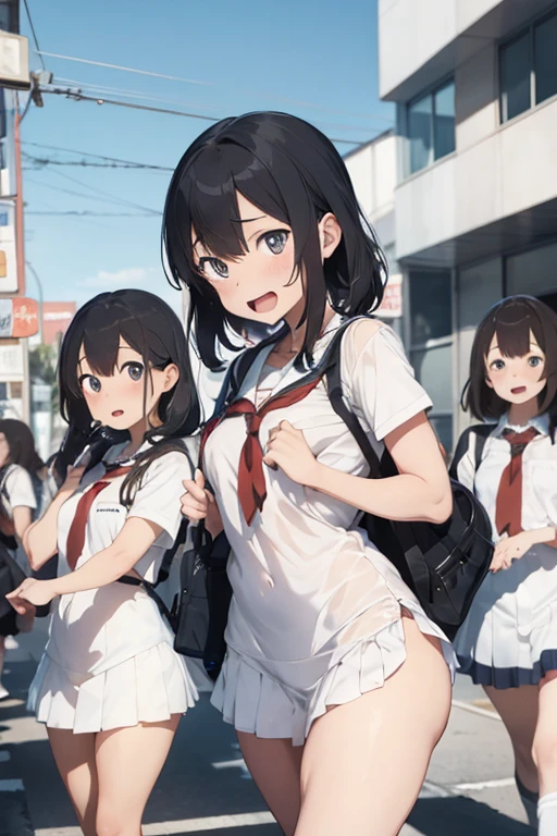 (Group health checkup with shoes removed)、Crowd of wide-eyed naked women with messy hair、Many elementary school boys are lining up to have fun...、surround each other'face、lively、laughter、Stand by、long shot、dynamic angle、doctor and nudist patient、storehouse