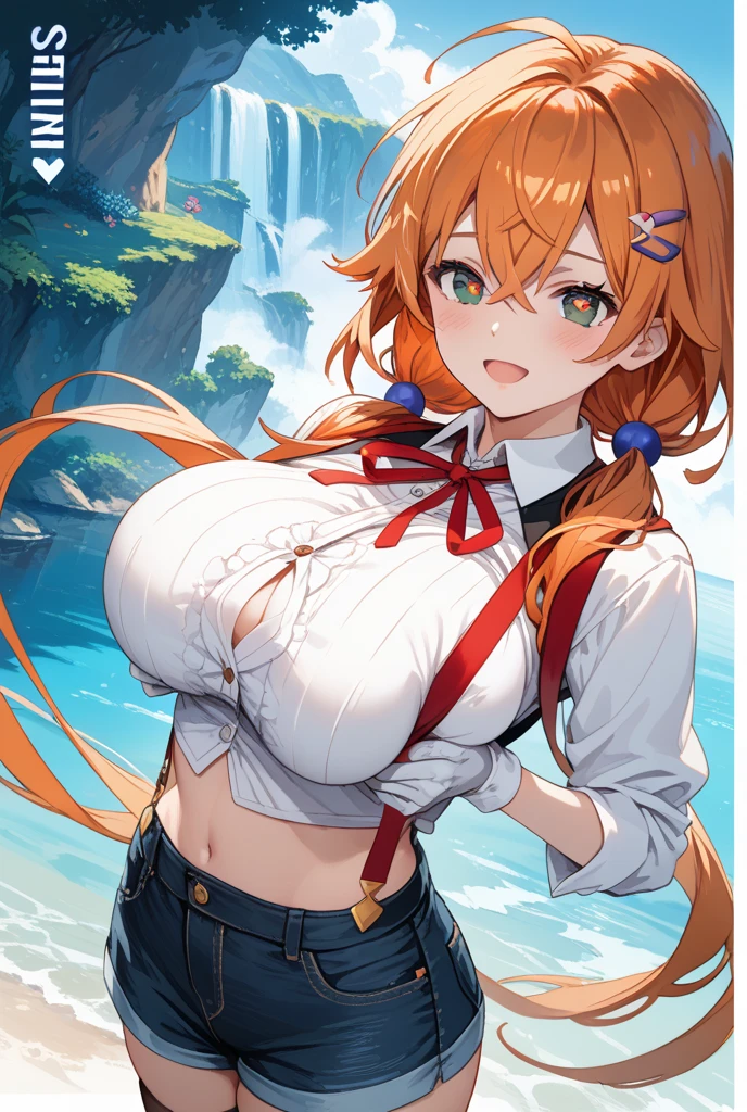 upskirt, My Hero academia style, white Summer dress, cow ears, cow horns, short wavy orange hair, green eyes, glasses, pale skin, fair skin, freckles, huge breasts, massive tits, large boobs, curvy, thicc, Chubby ,