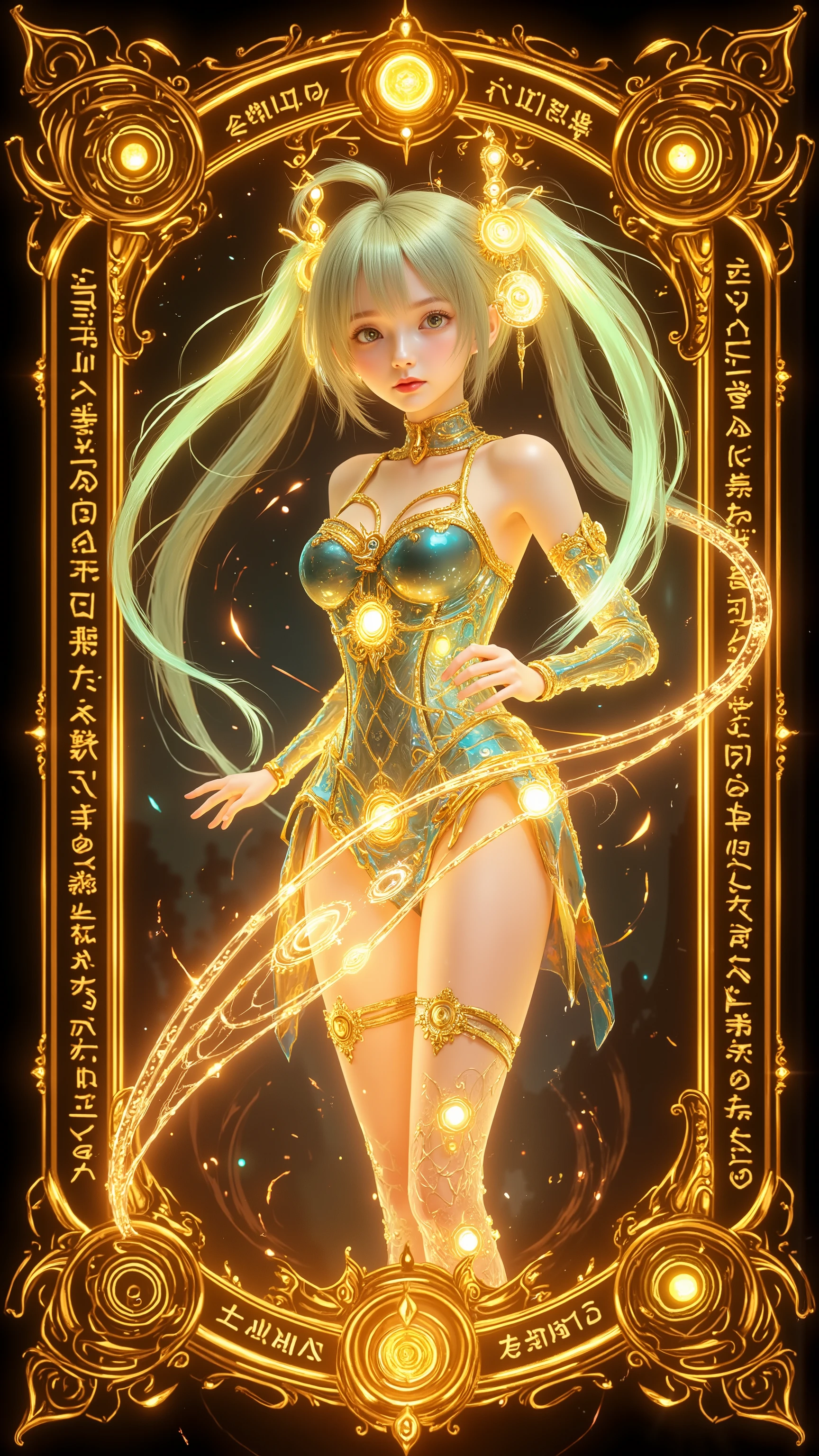 rectangular golden card plate,if it's an ancient relic、decorations like hieroglyphs and runes。embed a magic circle or gemstone。If it's a forbidden book、Designed to imitate a sealed chain。Half luminescence。
A beautiful hologram of Hatsune Miku is projected from the card。vibrant。beautiful thighs。
