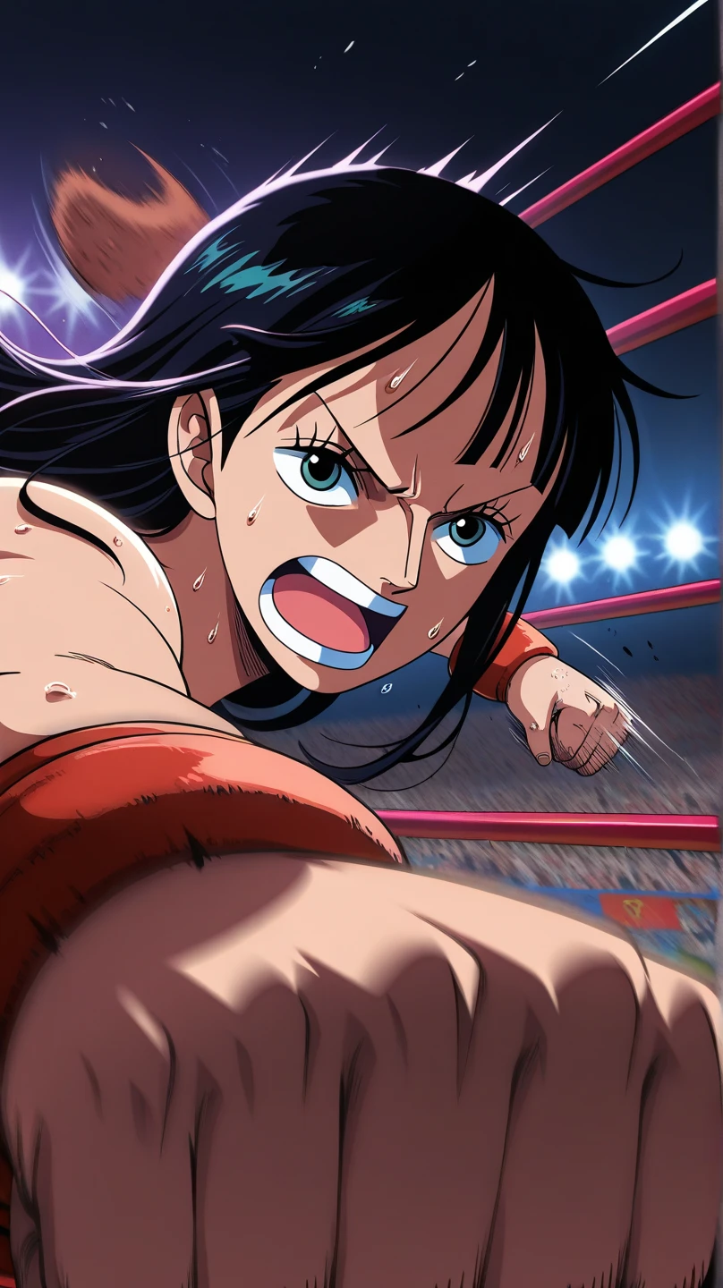 Asian woman, muscular and defined body, black hair with dark green braids, bright pink eyes, female boxer's outfit, lively expression, boxing gloves, One Piece-inspired anime features, drenched in dramatic and incredible lighting, dramatic lighting, infused with creative details, ultra-fine 2D design, scenery bathed in creativity, bathed in creativity, boasting HD anime resolution clarity, HD anime graphics, high-octane rendering