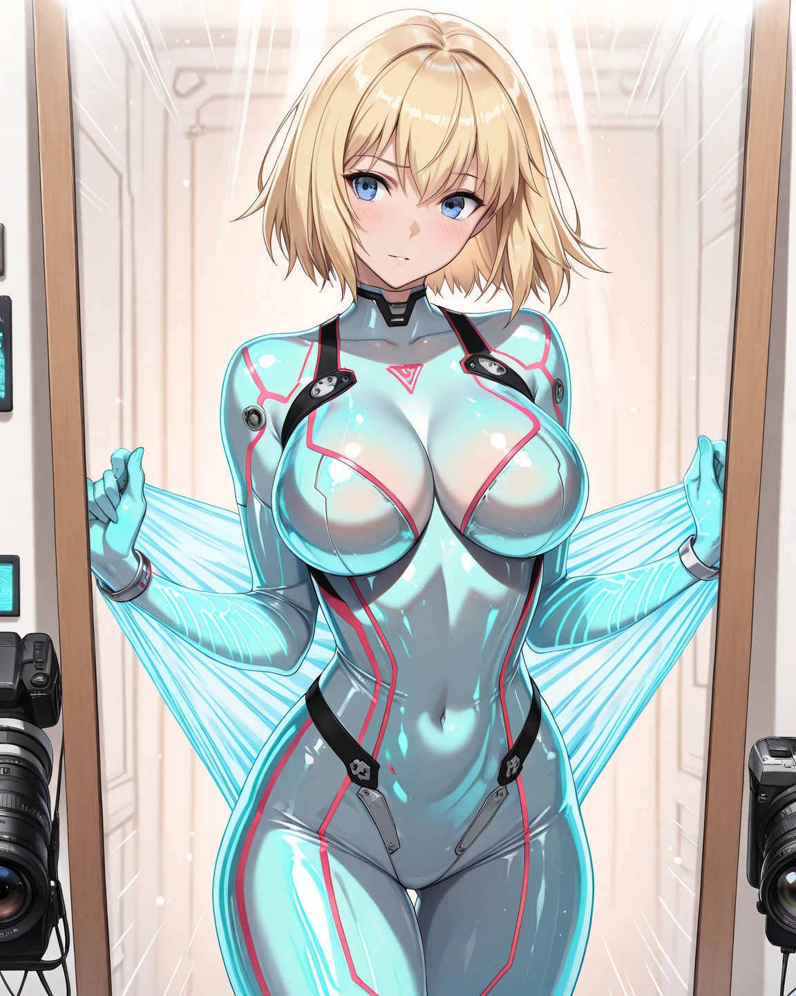 Headier_Ticker,nsfw,Blonde Hair, short hair, big breasts, Brown skin,best quality,(1 girl),(pov),press breasts together,leaning forward,breast squeeze,breasts out,Orange Color nipple,curvy,naughty face,bare breasts,scowl,erect nipples,cameltoe,(breast grab),Staring Intently,big hips,Takami Akio Style,low angle